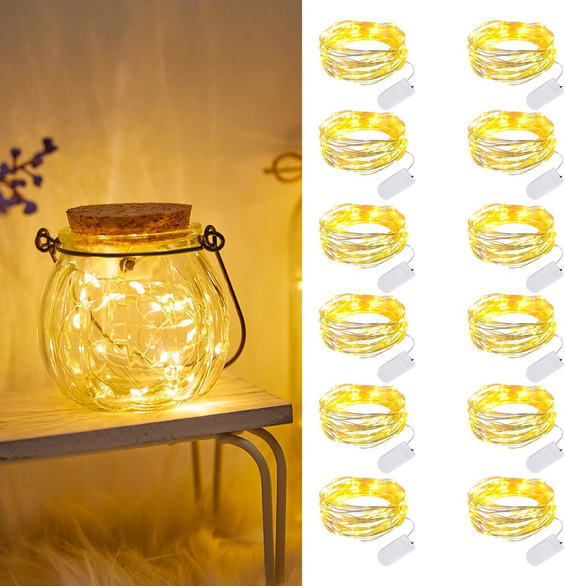 Zestaw 12 lampek świątecznych na baterie, 2 metry, 20 LED, wodoodporne, do butelek, na śluby, imprezy, Boże Narodzenie