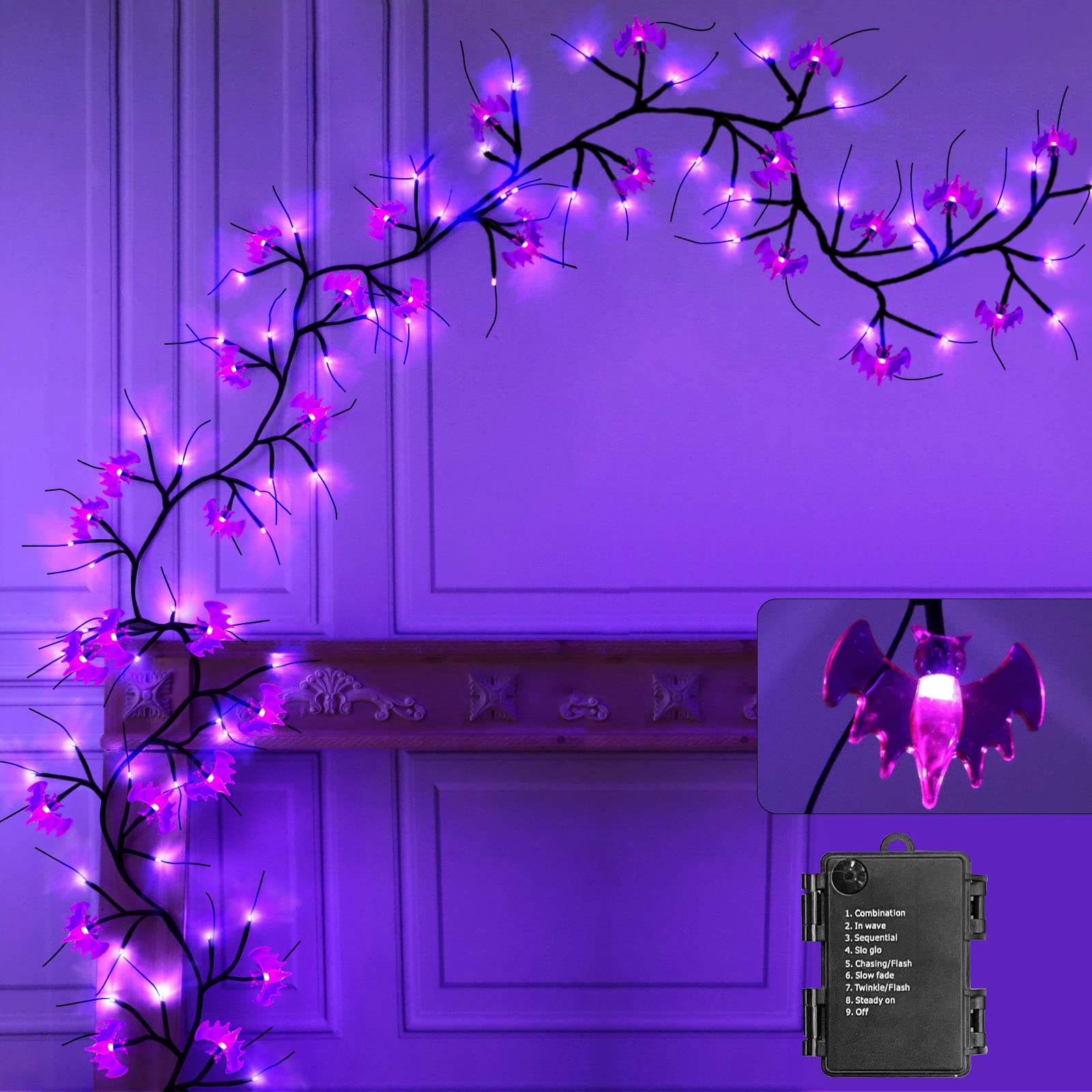 Świetlna girlanda z wierzby na Halloween, 1,8 m, 54 LED z 18 nietoperzami, girlanda świetlna na Halloween, 8 trybów, dekoracja na Halloween