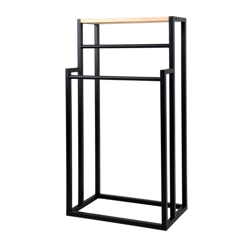 Stojak na ręczniki Uptrend Fern z górną półką, czarny metal z drewnem 1 szt.