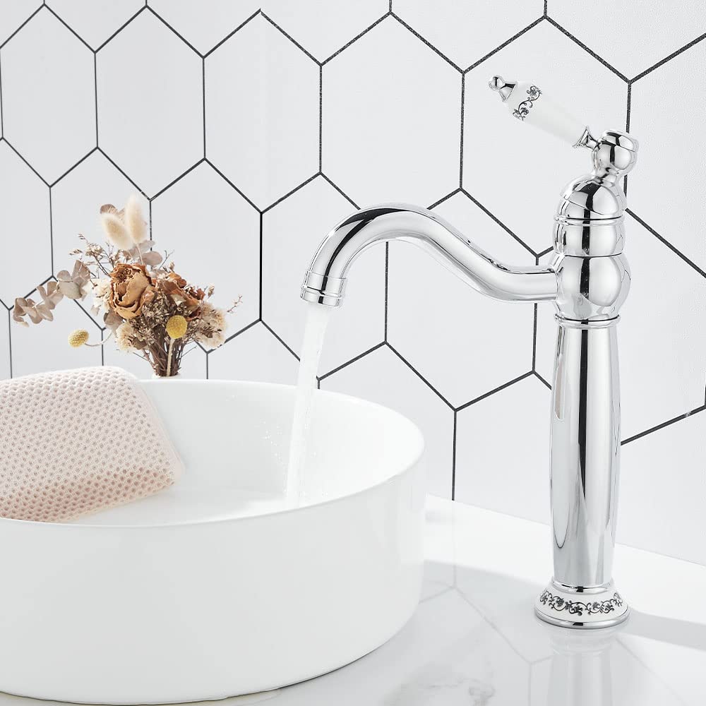 Wysoka bateria umywalkowa, bateria retro z wysoką wylewką i ceramicznym uchwytem, bateria łazienkowa obrotowa o 360°, bateria mieszakowa z wężykami