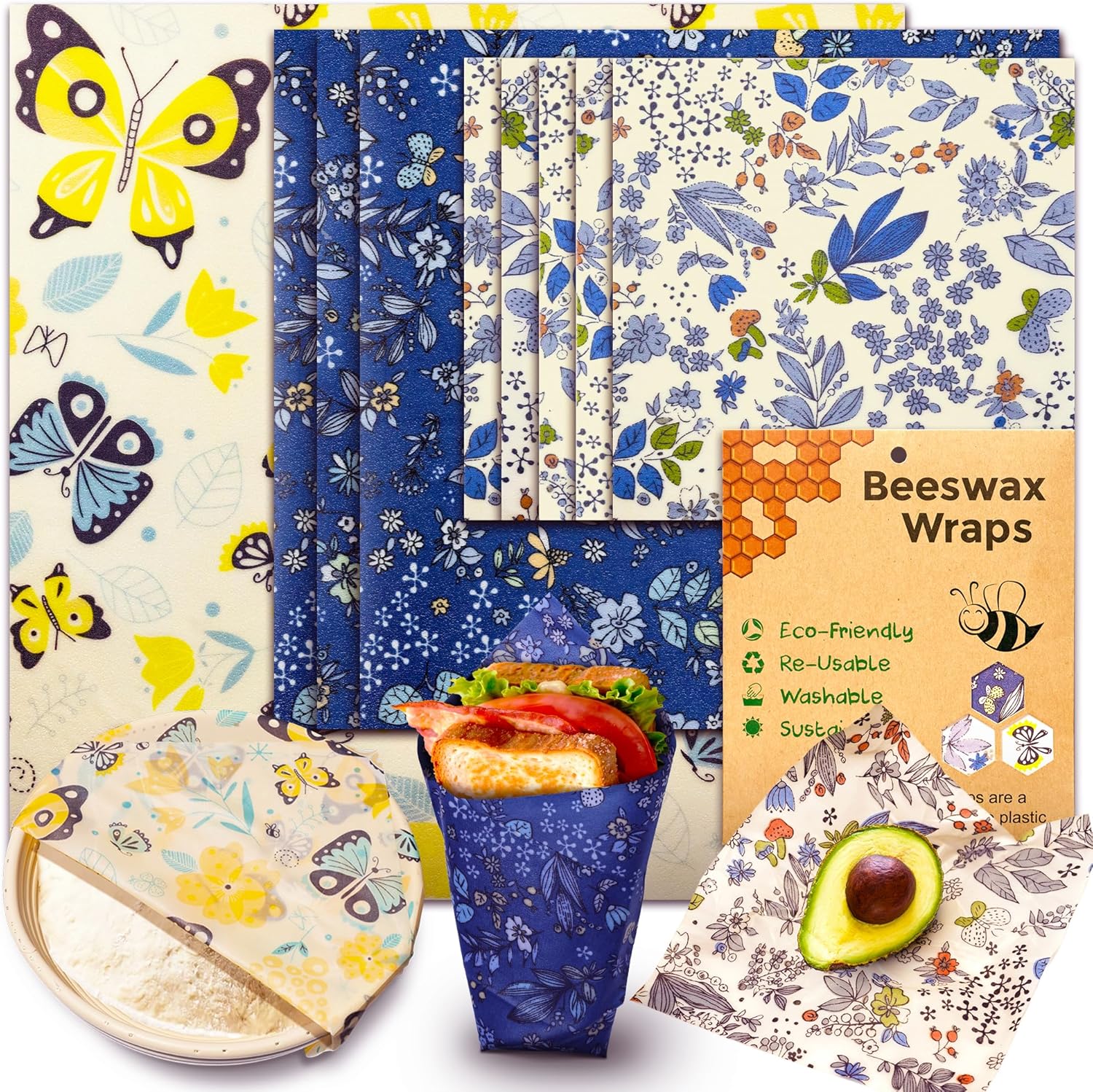 Zestaw 9 wielorazowych opakowań na żywność z wosku pszczelego, organiczny papier z wosku pszczelego bawełnianego, 1XL + 3m + 5S opakowania na kanapki
