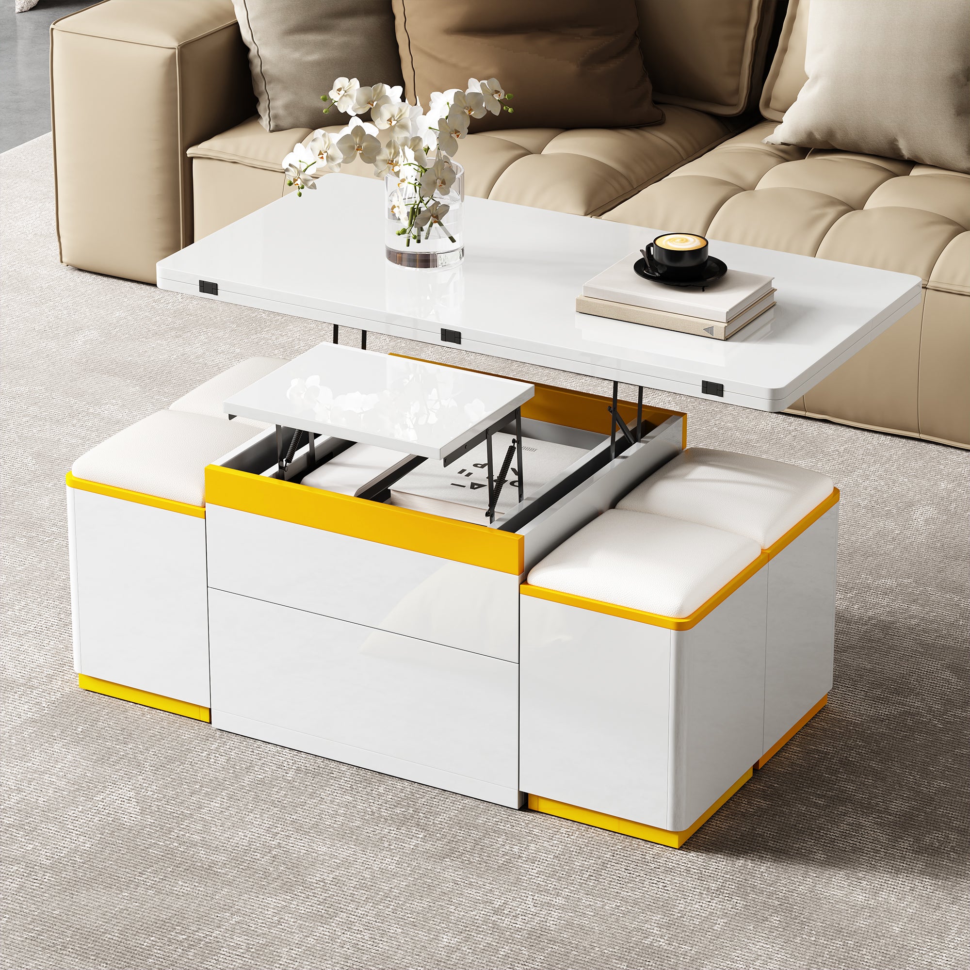 Stolik kawowy z podnoszonym blatem, 4 krzesłami i 2 szufladami – 100 x 50 x 43 cm – Płyta wiórowa + MDF – Kolor biały