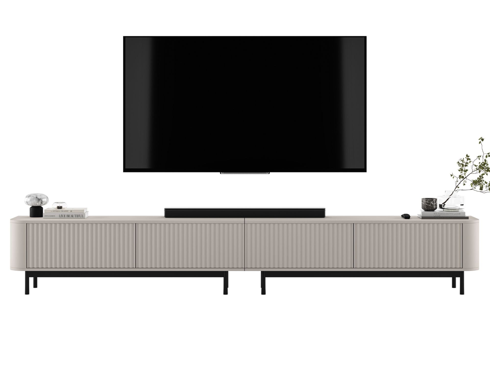 Komoda RTV Glamour 280 cm kaszmir mat, ryflowane fronty, czarny metalowy stelaż