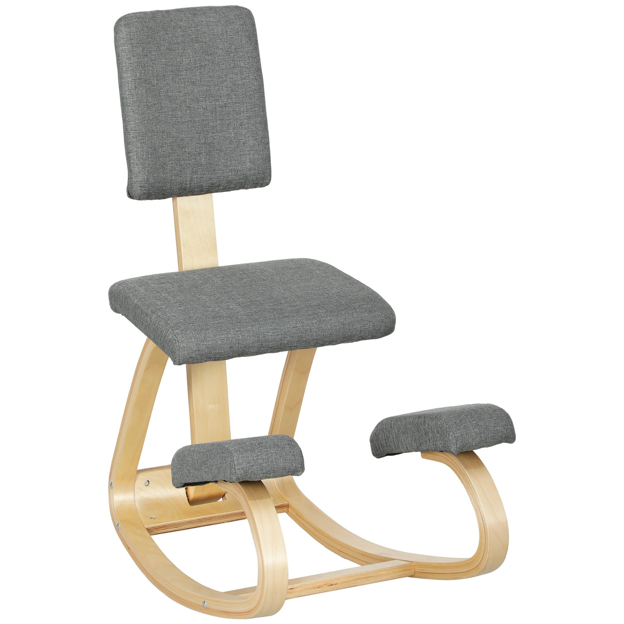 Krzesło klęczące, ergonomiczny drewniany fotel bujany z oparciem, krzesło klęczące do domowego biura, szare