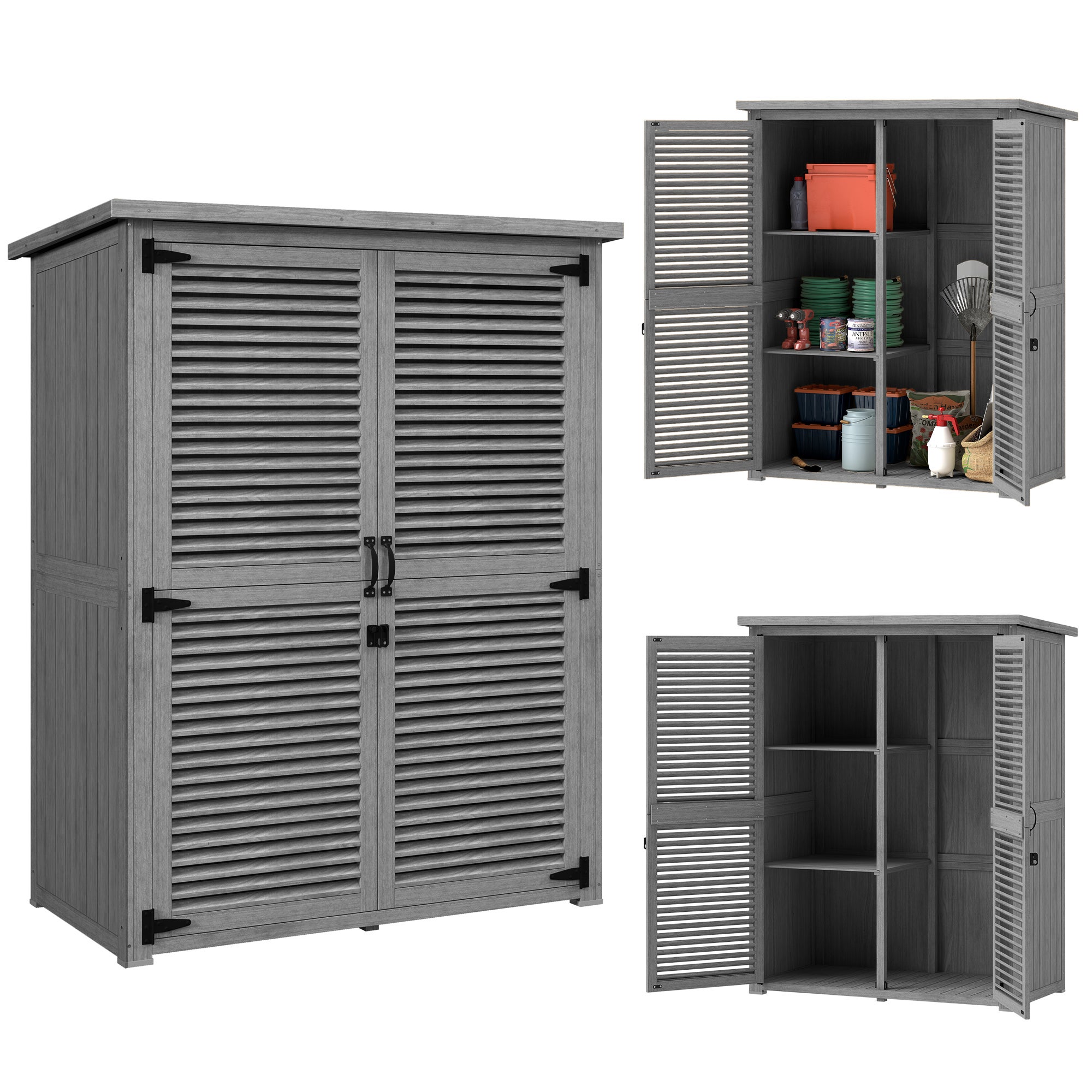 Domek ogrodowy 0,83 m² 127x65x168 cm z 2 drzwiami roletowymi, 2 półkami, 2 uchwytami i wodoodpornym dachem w kolorze szarym