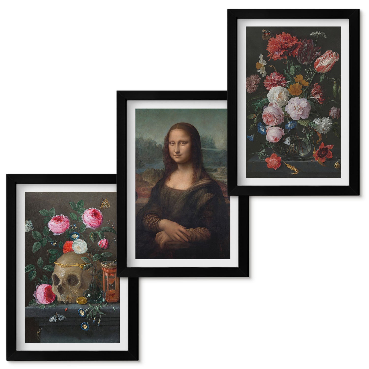 Zestaw obrazów w ramie - 3 części | Vintage kwiaty czaszka i portret Mona Lisy Leonardo da Vinci | Czarna ramka