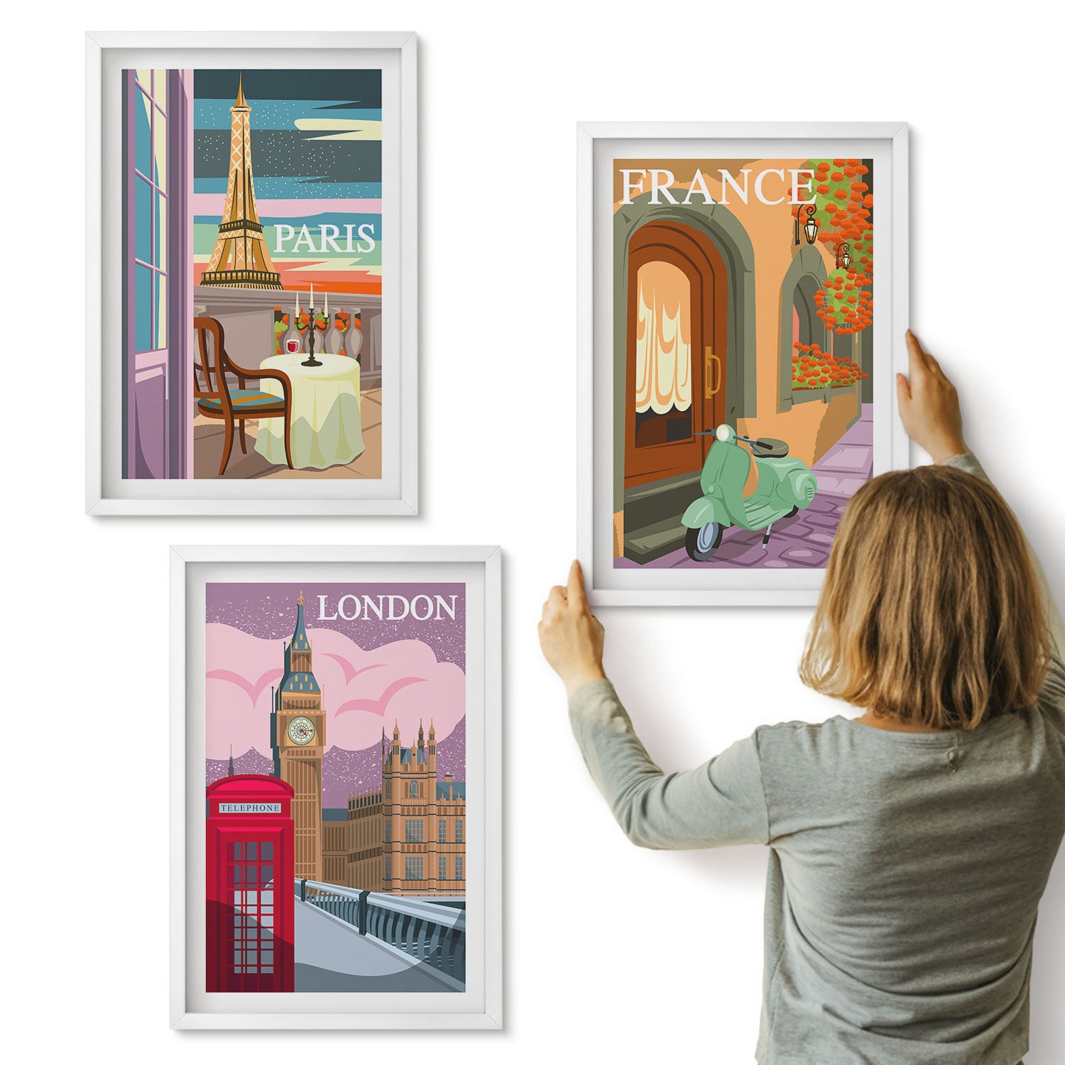 Galeria ścienna 3-częściowy komplet obrazów w białych ramach - Widoki miast Paryż Londyn i Francja w stylu retro - ArtPrintCave