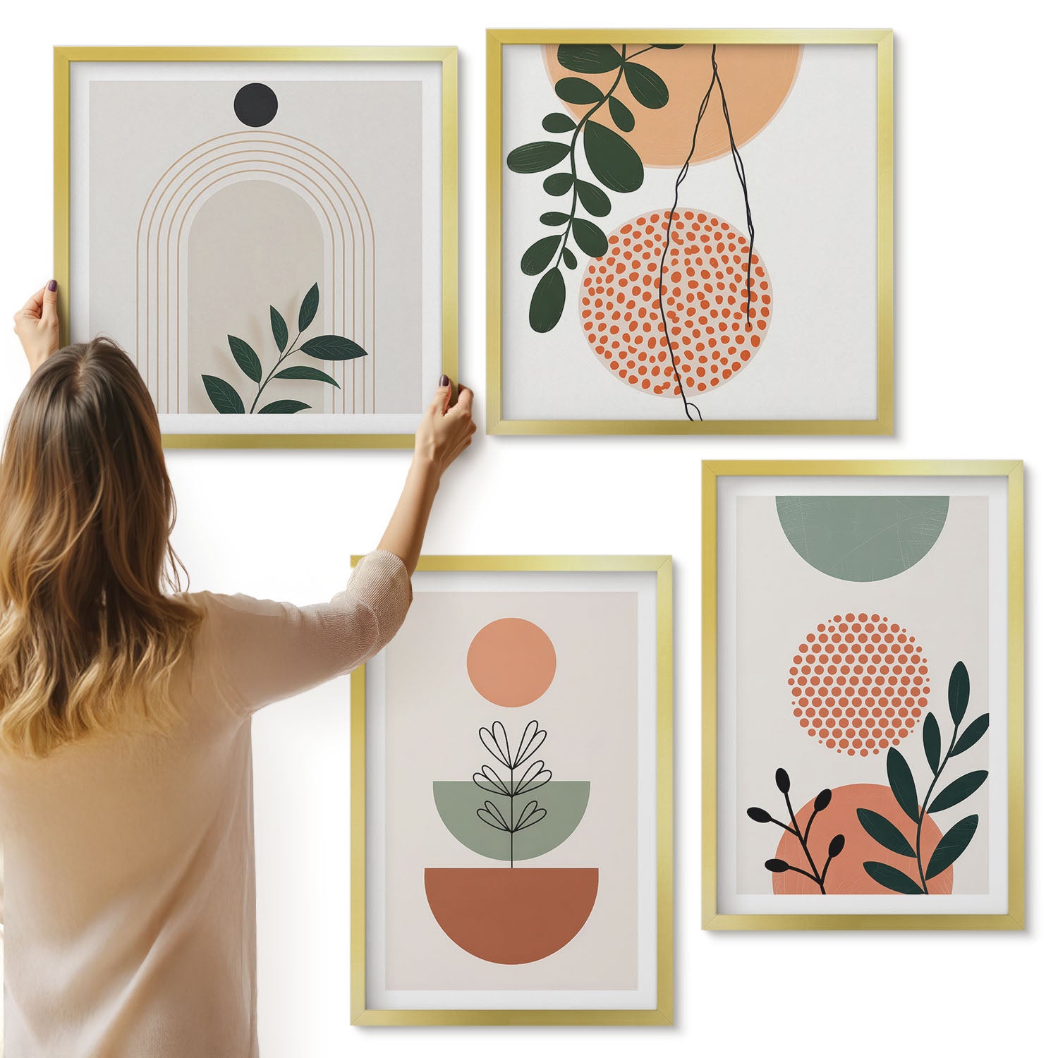 Galeria ścienna 4-częściowy komplet obrazów w złotych ramach - Roślinne motywy w nowoczesnych kształtach i kolorach - ArtPrintCave