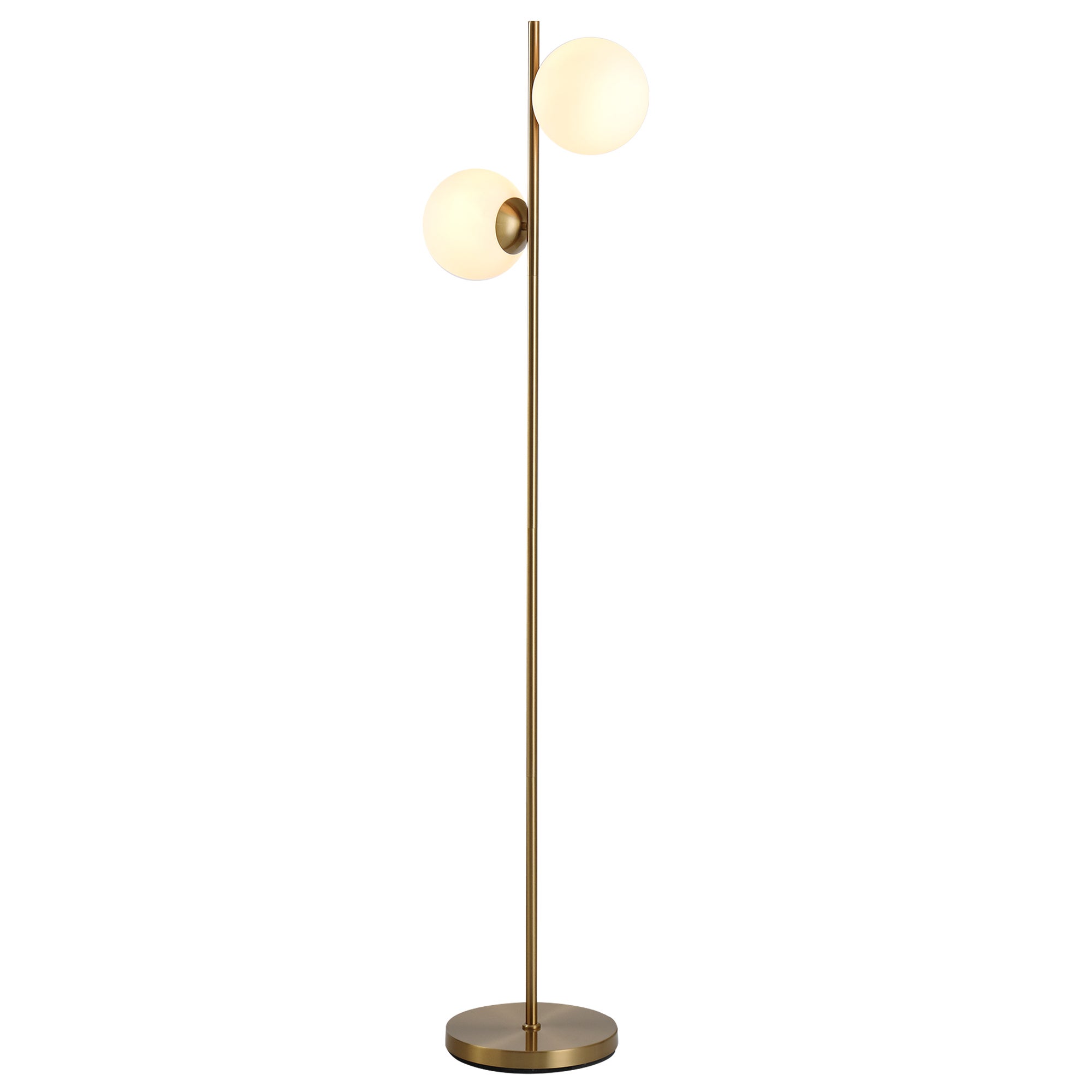 Designerska lampa podłogowa w stylu neo-retro, 2 głowice kuliste, maks. 40 W, metal w kolorze złotym