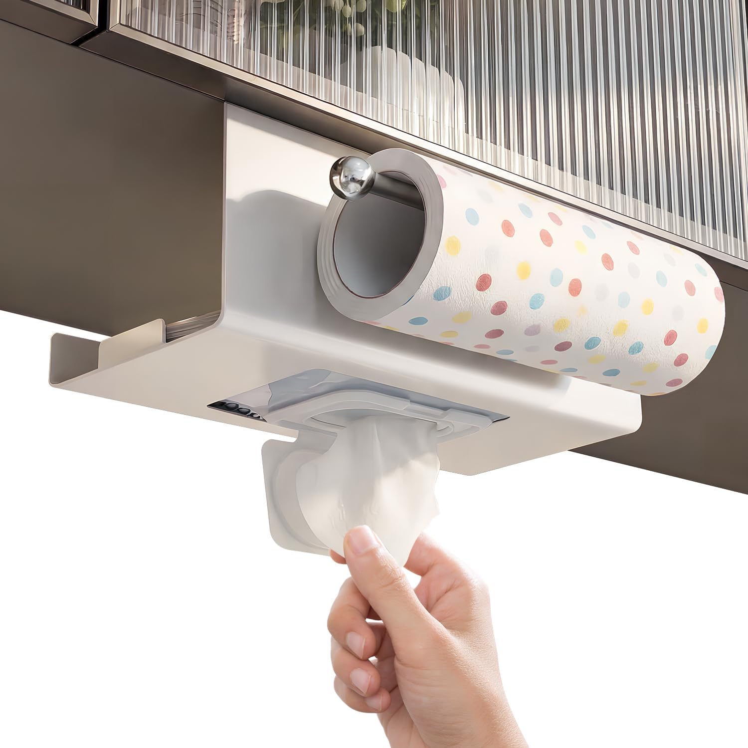 Dystrybutor papieru essuie-tout 2 en 1 à fixer sous un meuble, support mural auto-adhésif sans perçage pour salle de bain, rangement