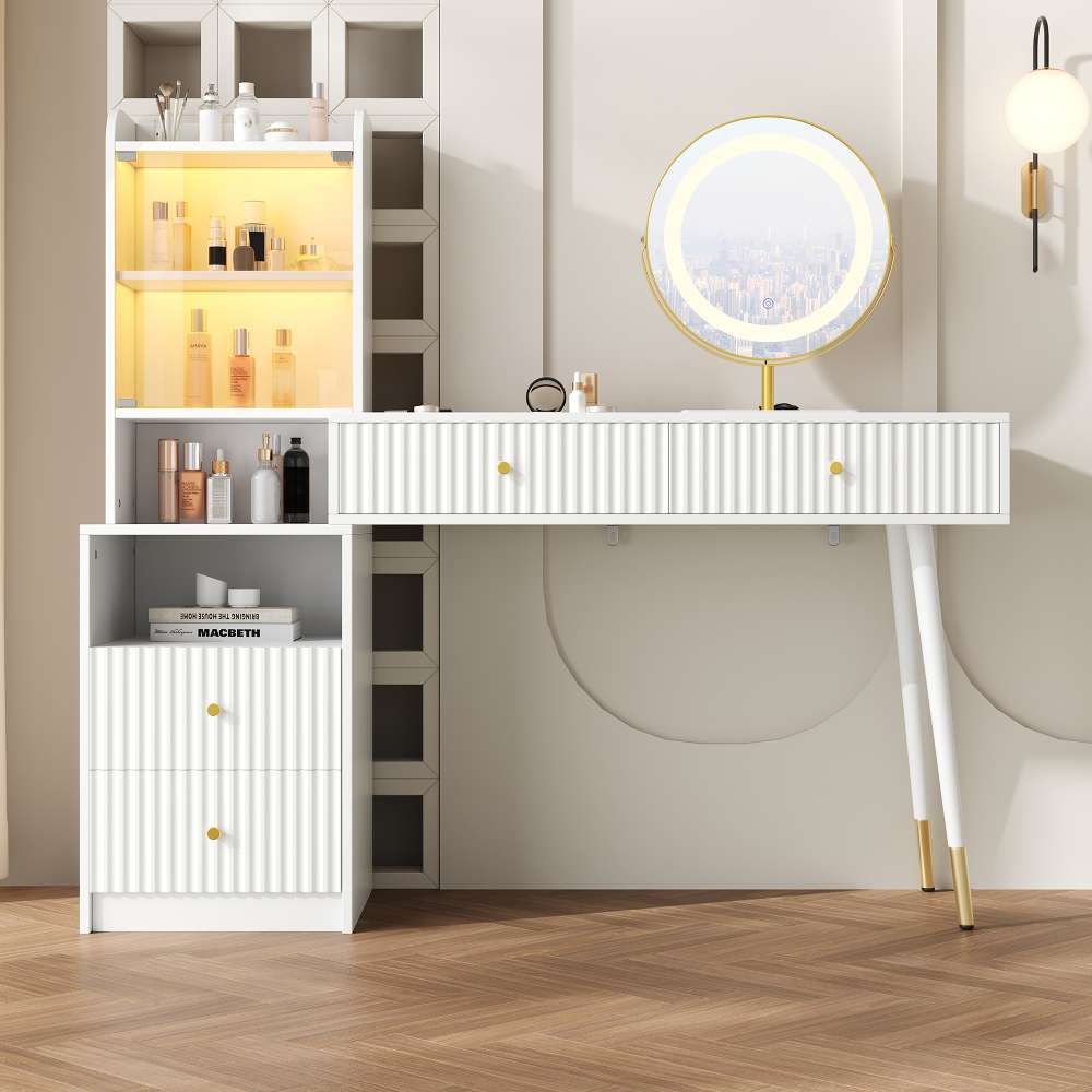 Toaletka LED z lustrem trójkolorowym, 4 szuflady, podświetlana witryna, otwarta przestrzeń do przechowywania, nowoczesny design, biała, 100x40x125 cm