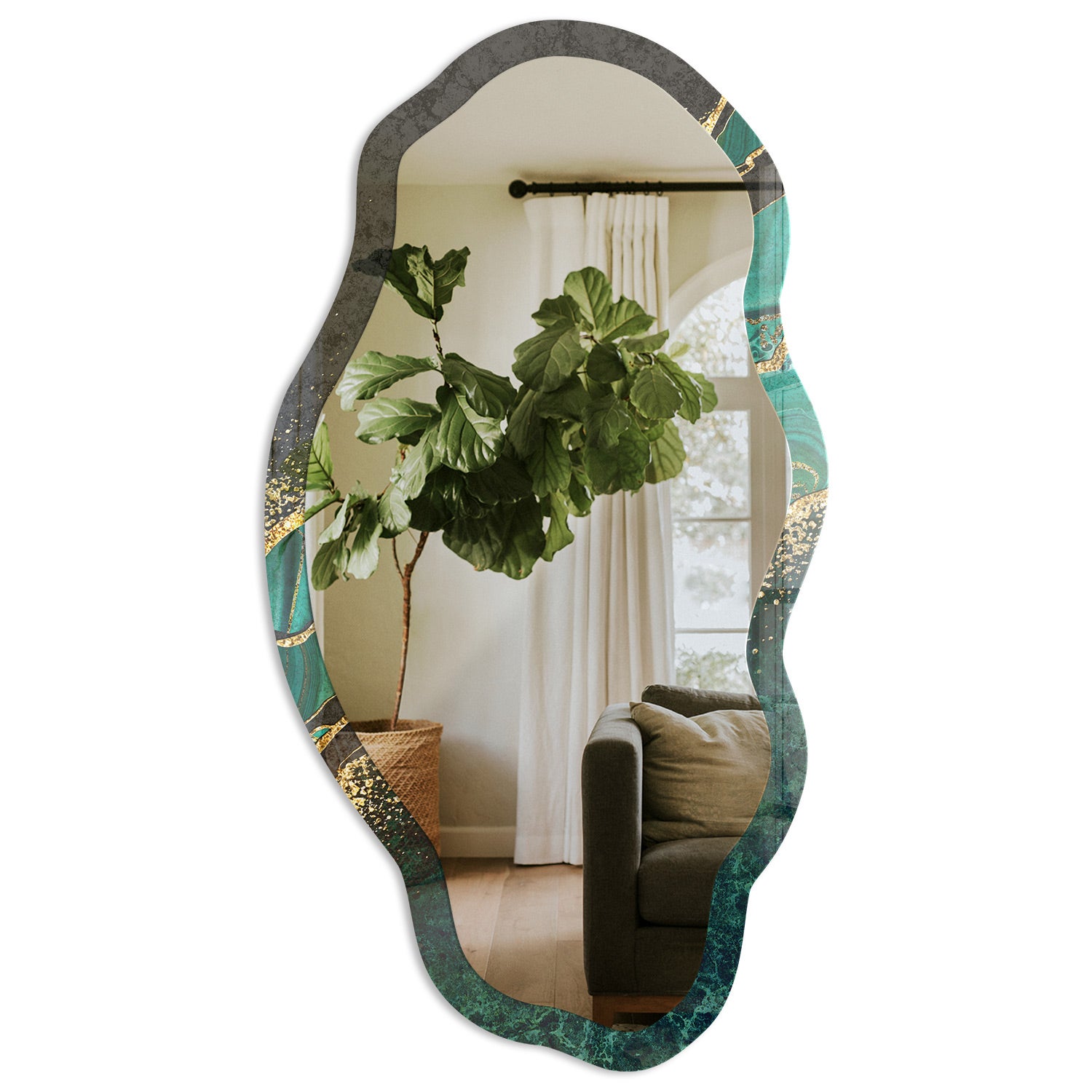 Lustro falujące do salonu z ozdobną ramą szklaną - Zielone pasy 52x97cm