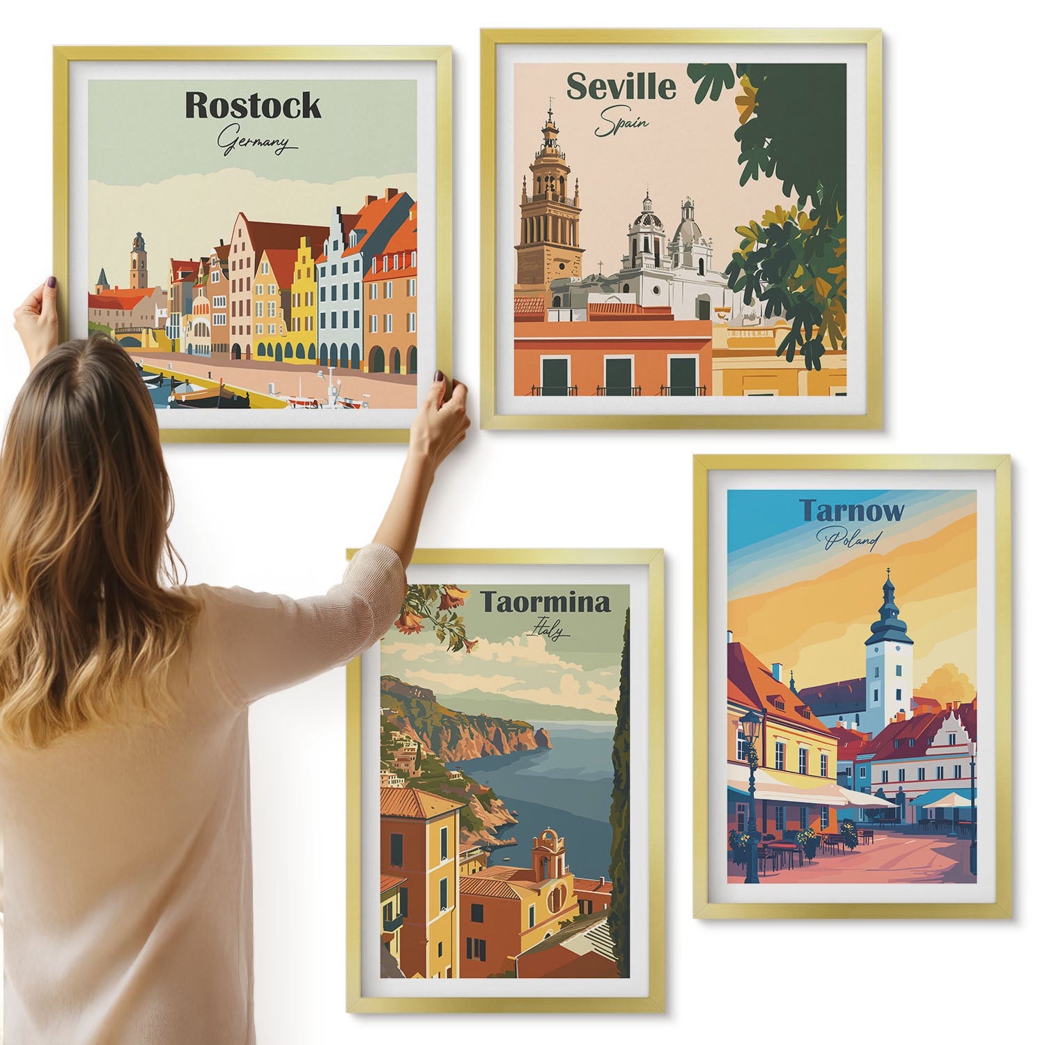 Galeria ścienna 4-częściowy komplet obrazów w złotych ramach - Widoki miast nadmorskich i ich architektura - ArtPrintCave