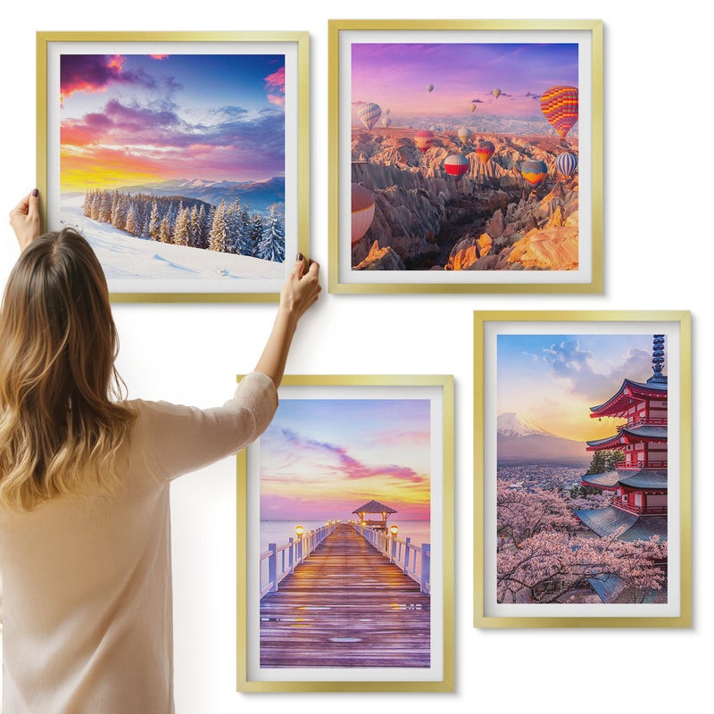 Galeria ścienna 4-częściowy komplet obrazów w złotych ramach - Romantyczne krajobrazy z malowniczym niebem - ArtPrintCave