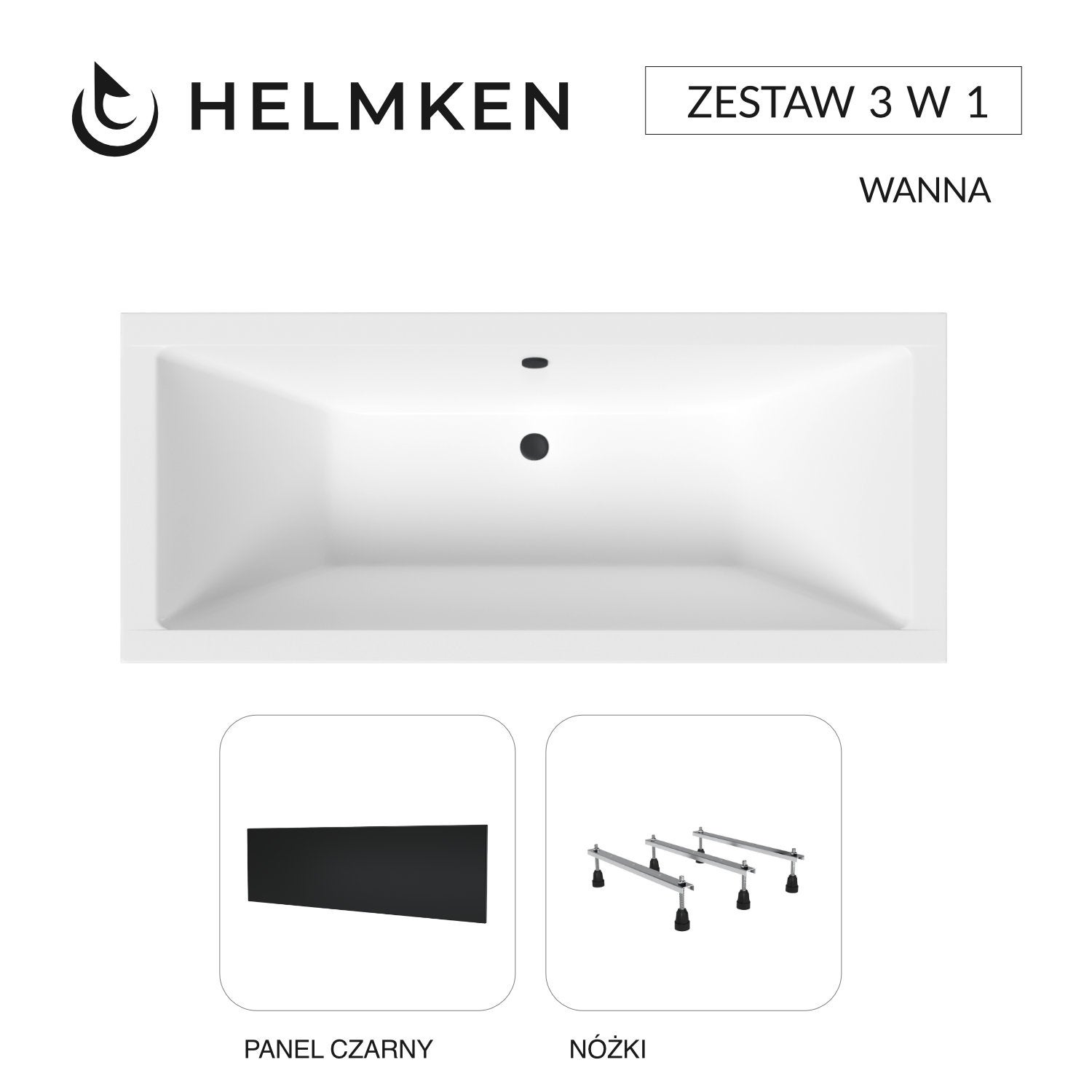 Wanna akrylowa Helmken Alvaro 180 x 80 + Panel czarny + Nóżki / 23096005