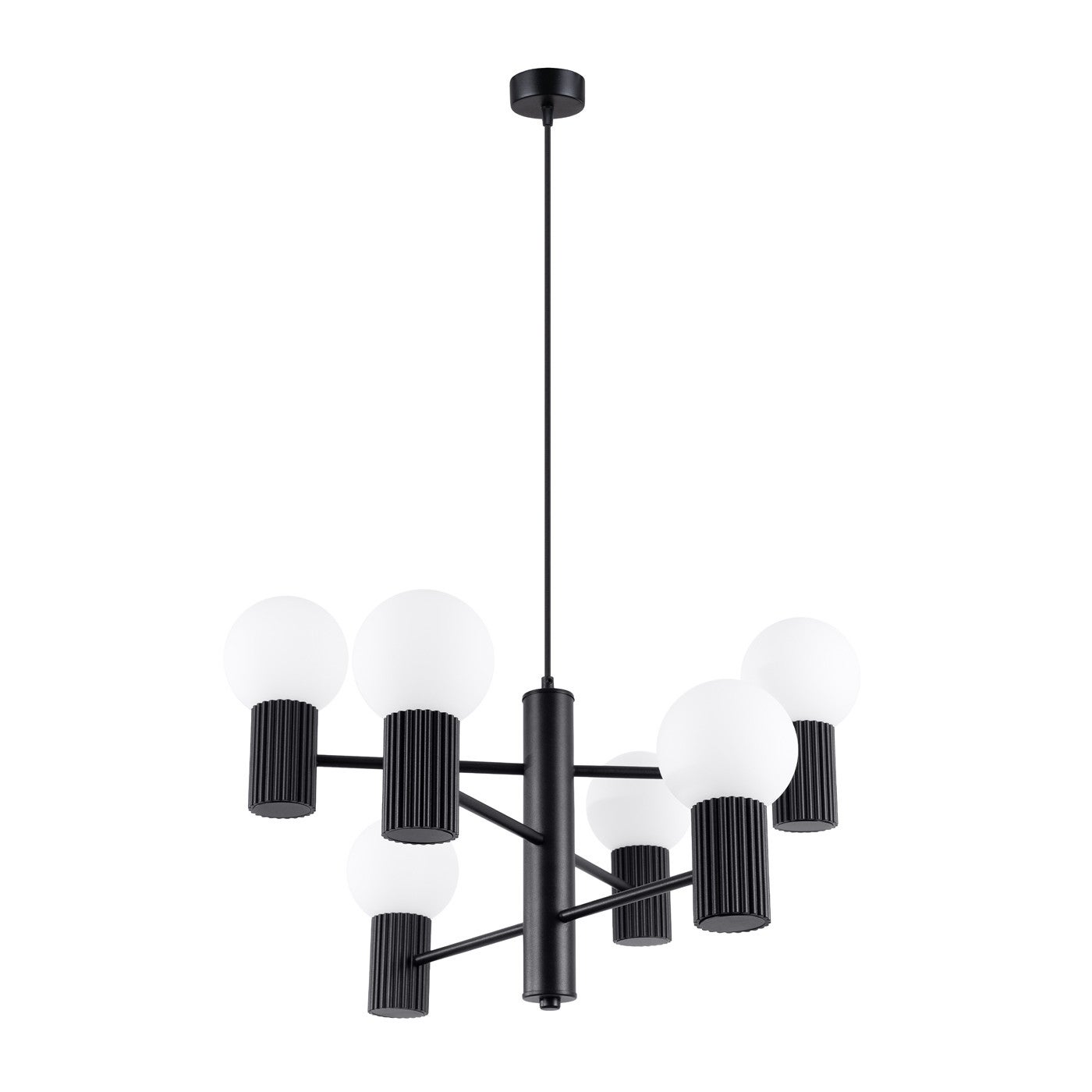 Żyrandol nowoczesny czarny ryflowane korpusy szklane białe kule 6xG9 8W HALO Sollux Lighting