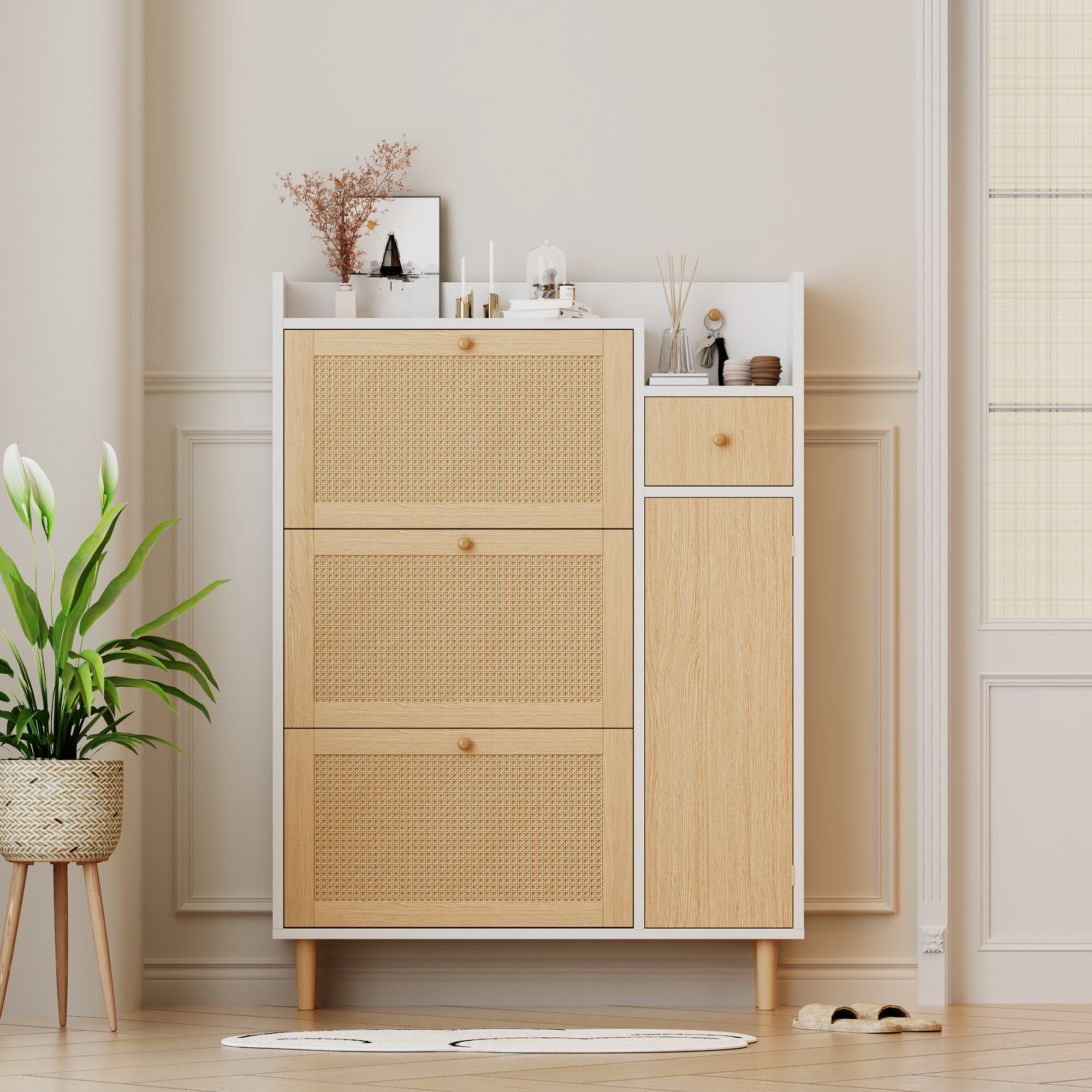 Szafka na buty z 3 drzwiami opuszczanymi i 1 szufladą - 90 x 17 x 125 cm - płyta MDF, nogi i uchwyty z litego drewna - kolor naturalny + biały