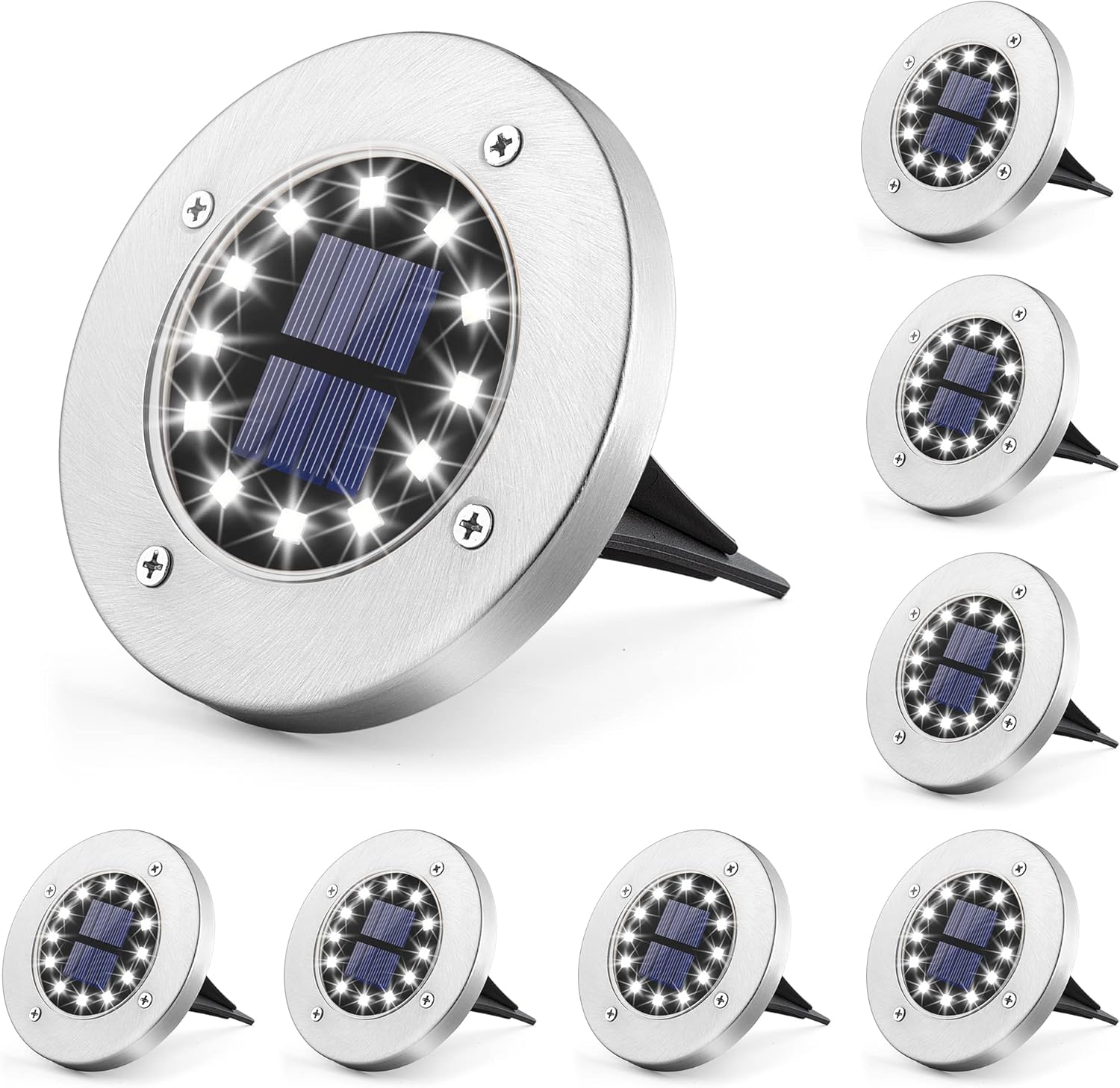 Zestaw 8 solarnych lamp ogrodowych, 12 LED, białe, stal nierdzewna, wodoodporne, do użytku na zewnątrz, ogród, taras, trawnik, podwórko, podjazd