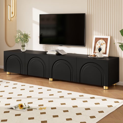 Nowoczesna szafka RTV 180x35x40 cm - 4 drzwi - Łukowy, tłoczony wzór - Nogi metalowe - Płyta MDF + płyta wiórowa - Czarny