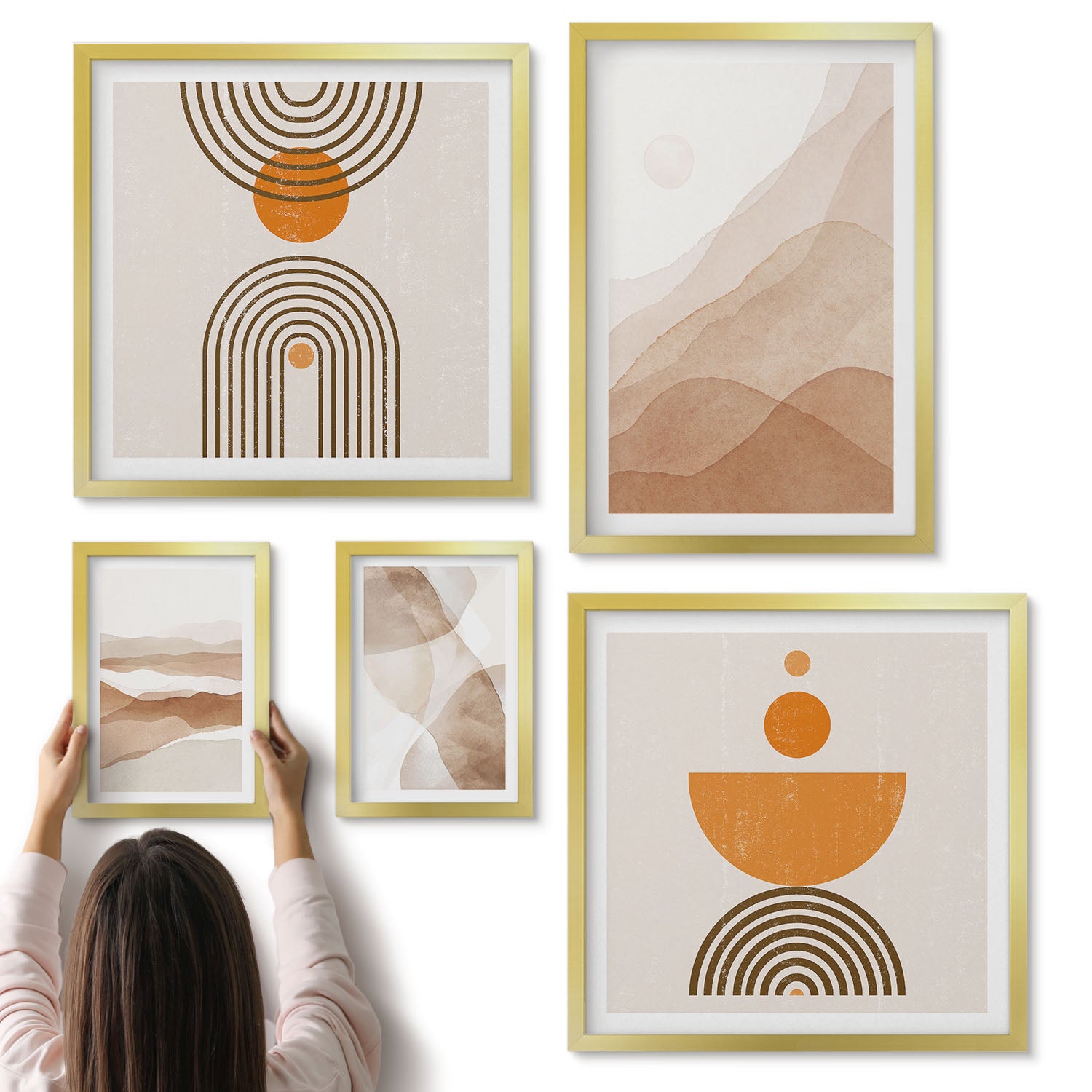 Galeria ścienna 5-częściowy komplet obrazów w złotych ramach - Struktury w różnych odcieniach minimalizm - ArtPrintCave