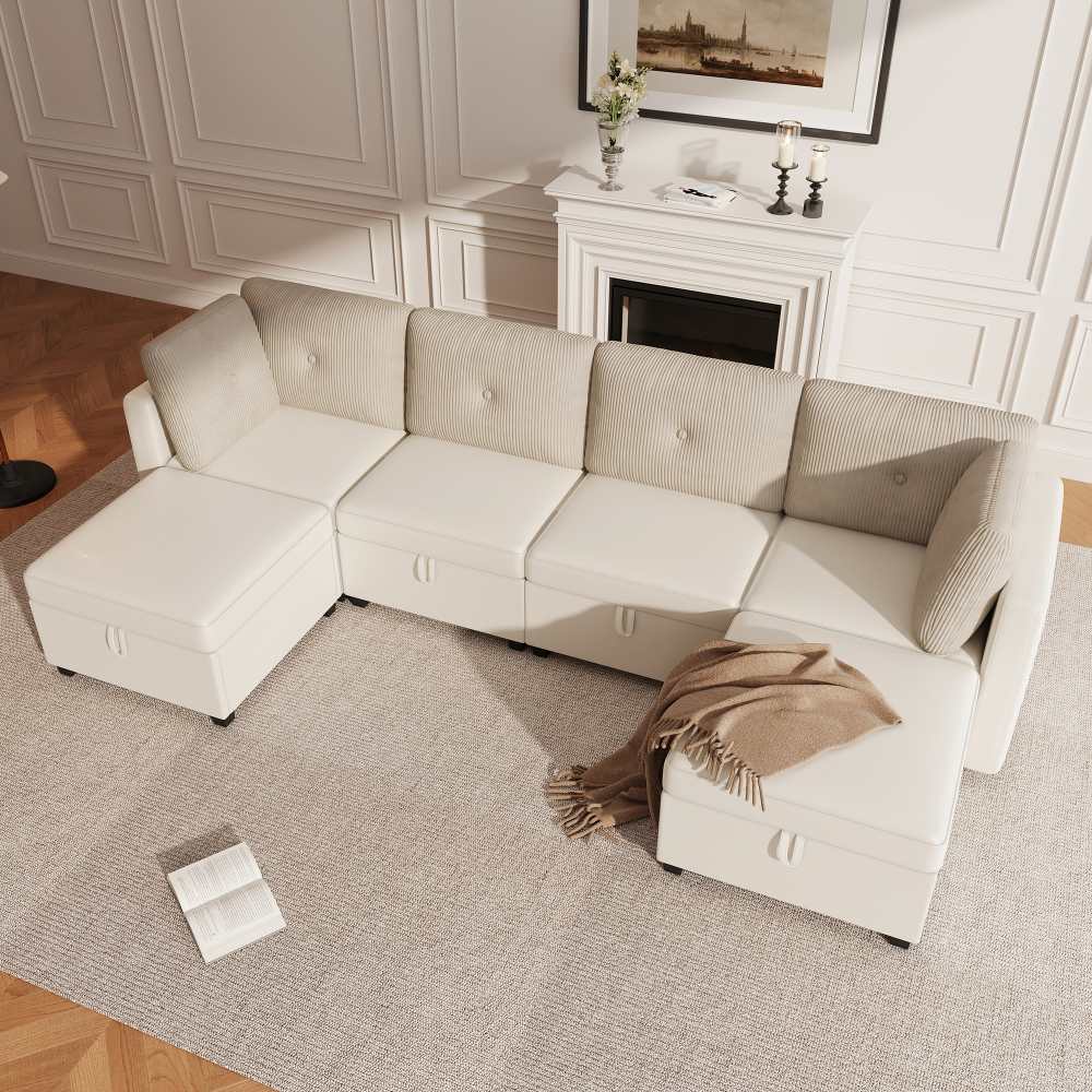 Modułowa sofa w kształcie litery U z 6 modułami i schowkiem – przekształcalna w długie łóżko/fotel, aksamit i sztruks, pianka o wysokiej gęstości