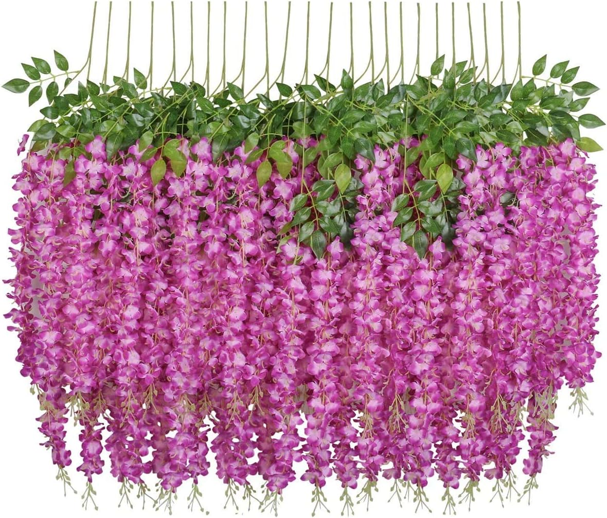 Sztuczne kwiaty, 24 sztuki sztucznej fałszywej glicynii, wiszące kwiaty jedwabne, dekoracja na przyjęcie (24 sztuki, 110 cm / każda nitka, fuksja)