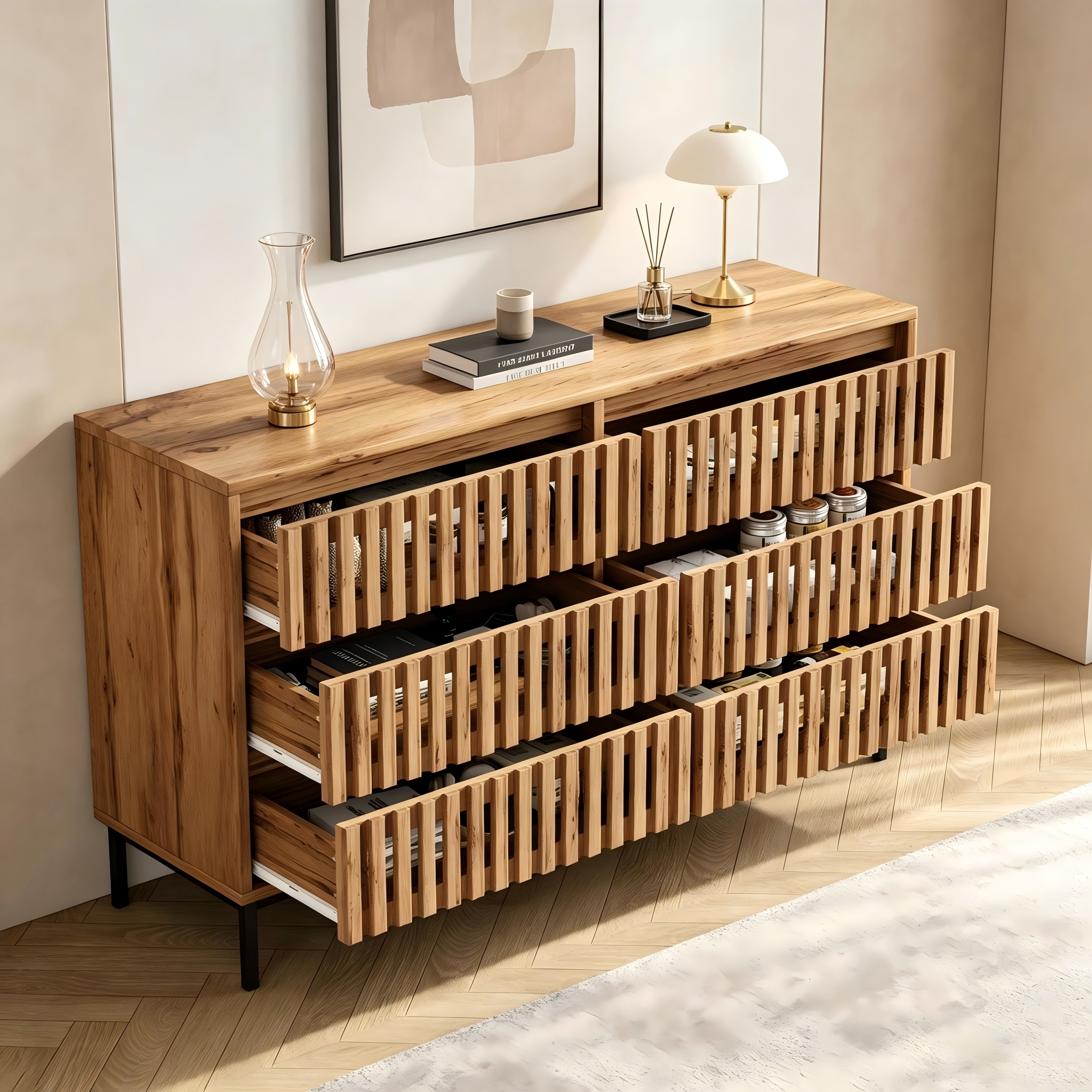 Nowoczesna komoda z 6 szufladami - Komoda na 5 nogach - Ażurowa konstrukcja - 120x40x81cm - Płyta MDF - Naturalna