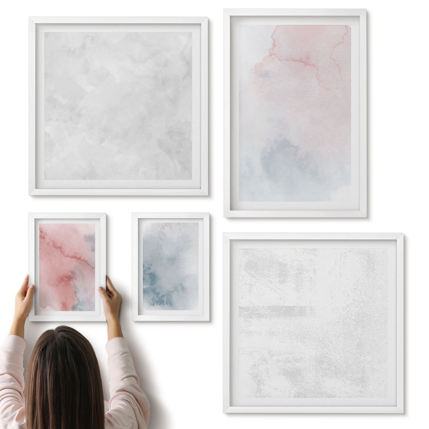 Galeria ścienna 5-częściowy komplet obrazów w białych ramach - Pastelowe akwarele na płótnie kolorowe tekstury - ArtPrintCave
