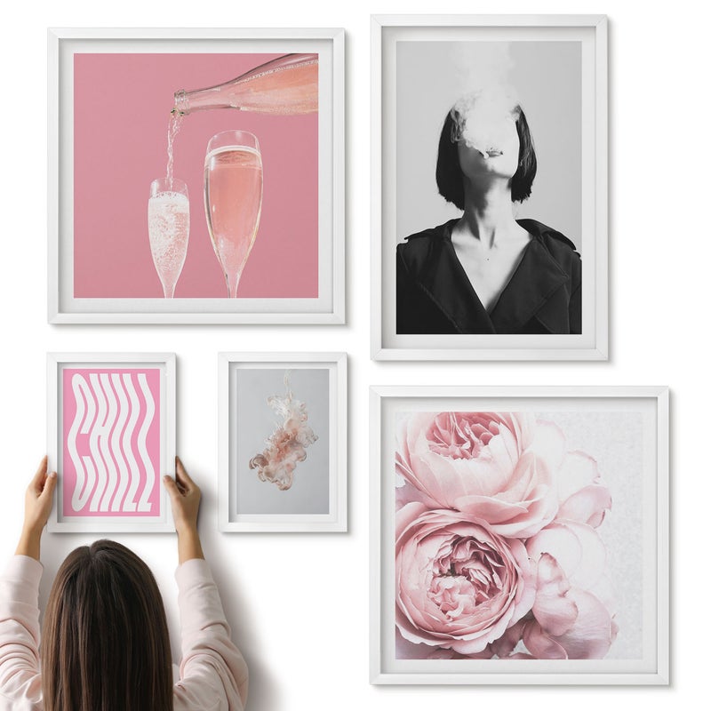 Galeria ścienna 5-częściowy komplet obrazów w białych ramach - Stylowe kompozycje z różowymi akcentami i kwiatami - ArtPrintCave