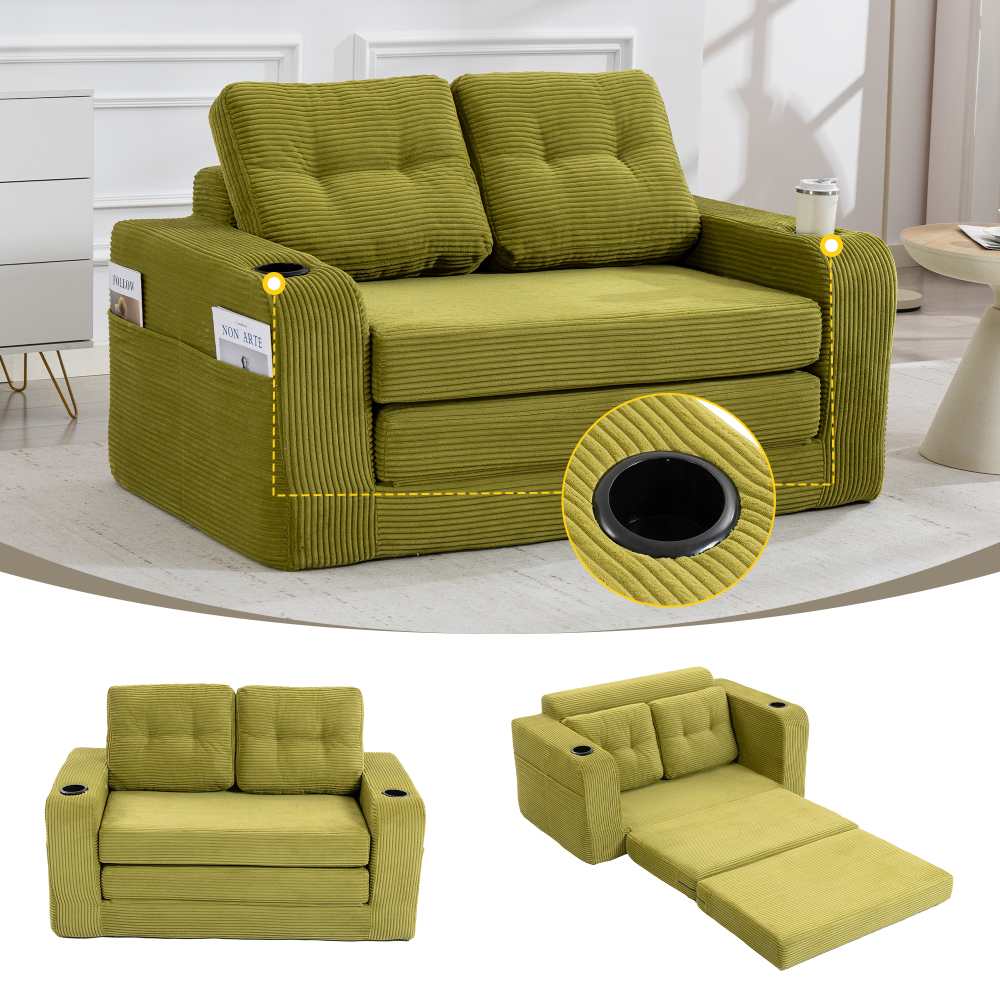 Dwuosobowa sofa w tkaninie sztruksowej, uchwyty na kubki, kieszenie boczne, podwójny rozkładany puf, pikowane poduszki