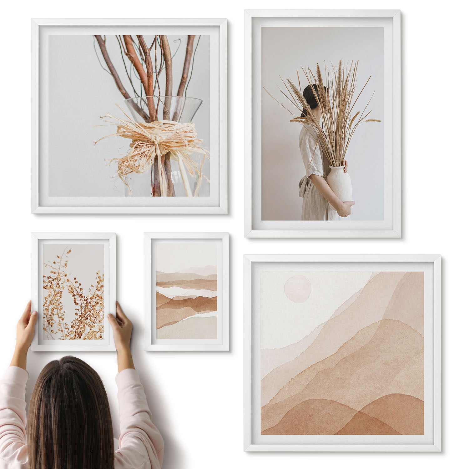 Galeria ścienna 5-częściowy komplet obrazów w białych ramach - Stylowe akcenty boho z roślinami i abstrakcyjnymi krajobrazami - ArtPrintCave