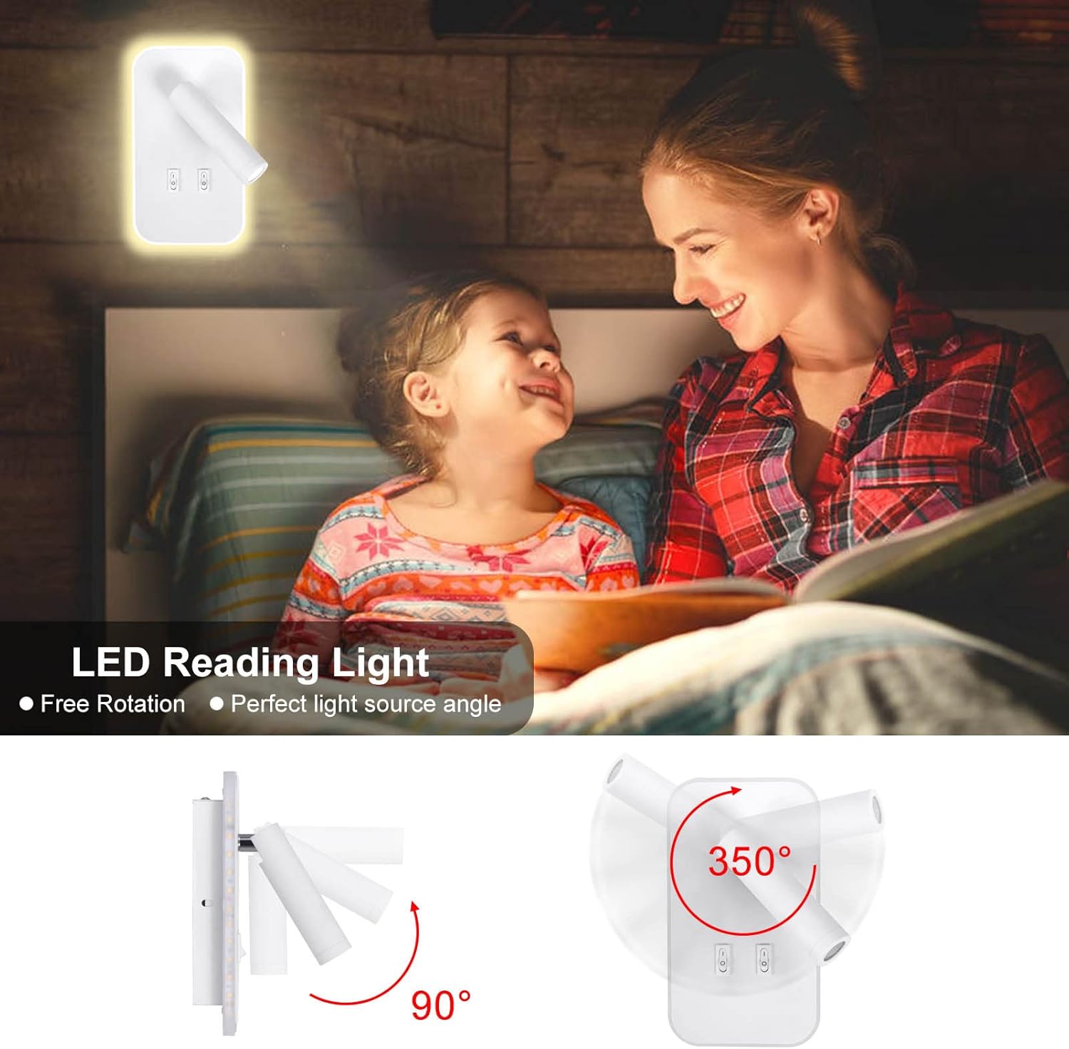 Lampka nocna LED 2 w 1, lampka do czytania 3 W + kinkiet 10 W, z przełącznikiem, barwa biała 3000 K