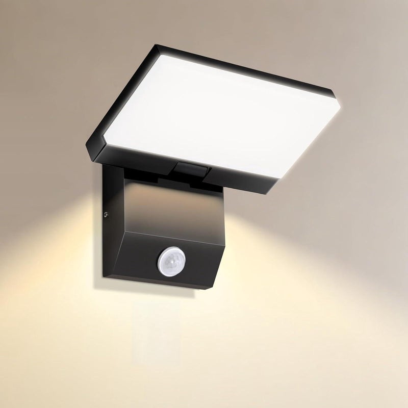 Nowoczesny kinkiet LED z czujnikiem ruchu, ciepła biel 3000K, wodoszczelność IP65, regulowany panel LED na patio, wejście, do ogrodu