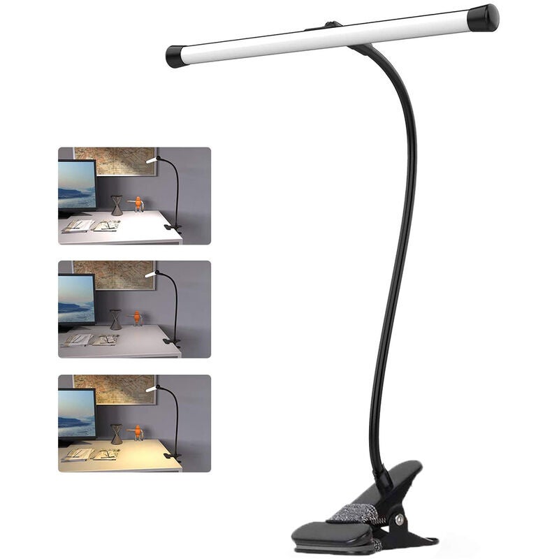Lampa biurkowa LED z zaciskiem, lampa stołowa z giętkim ramieniem i gęsią szyją, 3 tryby kolorów, zasilana przez USB, do stosowania przy łóżku, na sto