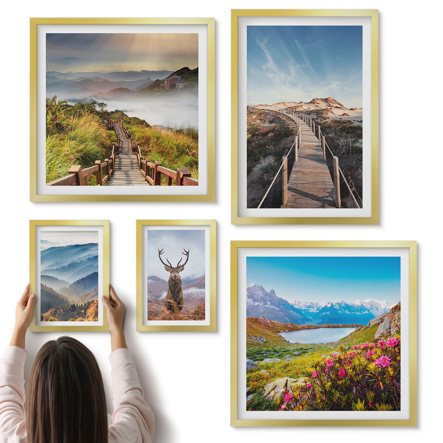 Galeria ścienna 5-częściowy komplet obrazów w złotych ramach - Naturalne krajobrazy górskie i leśne z dziką fauną - ArtPrintCave
