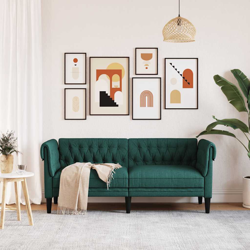 Sofa Chesterfield, dwuosobowa, ciemnozielona, obita tkaniną