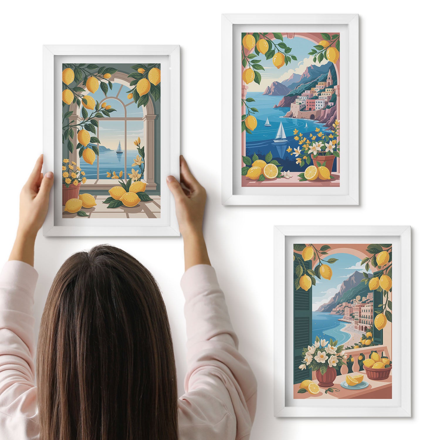 Galeria ścienna 3-częściowy komplet obrazów w białych ramach - Widok na morze okna z włoskimi cytrynami - ArtPrintCave