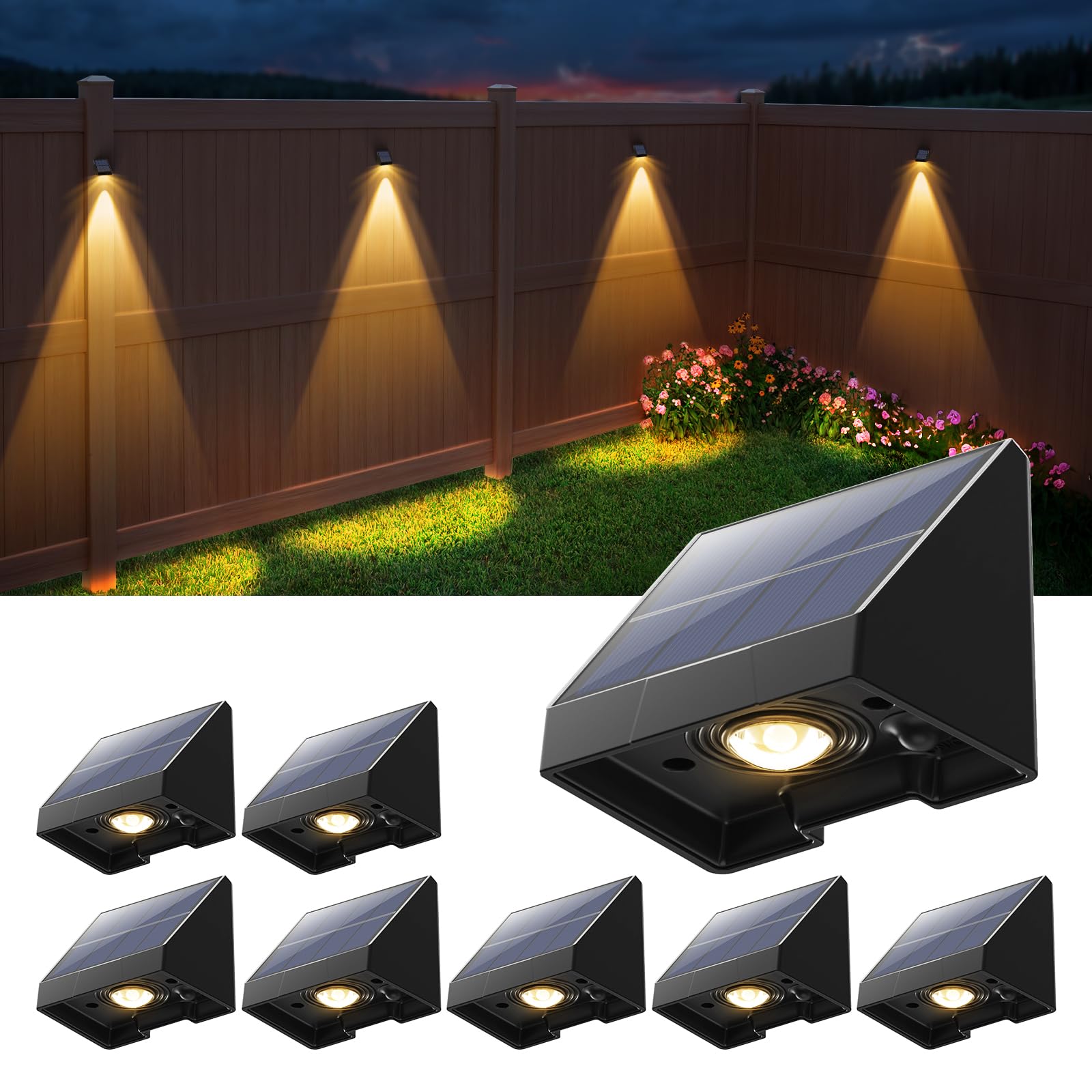 Zestaw 8 dekoracyjnych lamp solarnych do ogrodzenia, wodoodporna lampa ścienna LED do użytku zewnętrznego, na szyny zewnętrzne, taras, schody, patio