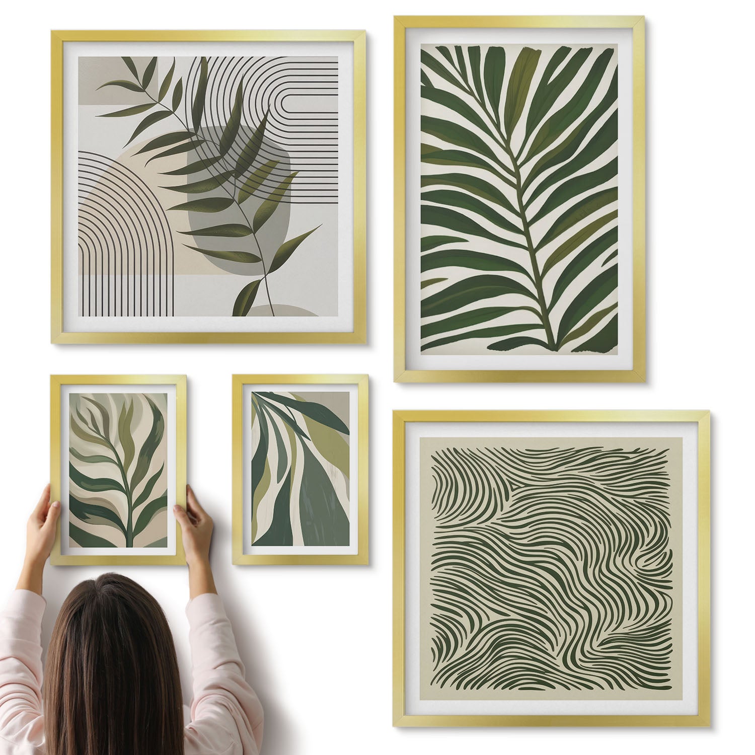 Galeria ścienna 5-częściowy komplet obrazów w złotych ramach - Roślinne wzory w stylu nowoczesnym i minimalistycznym - ArtPrintCave