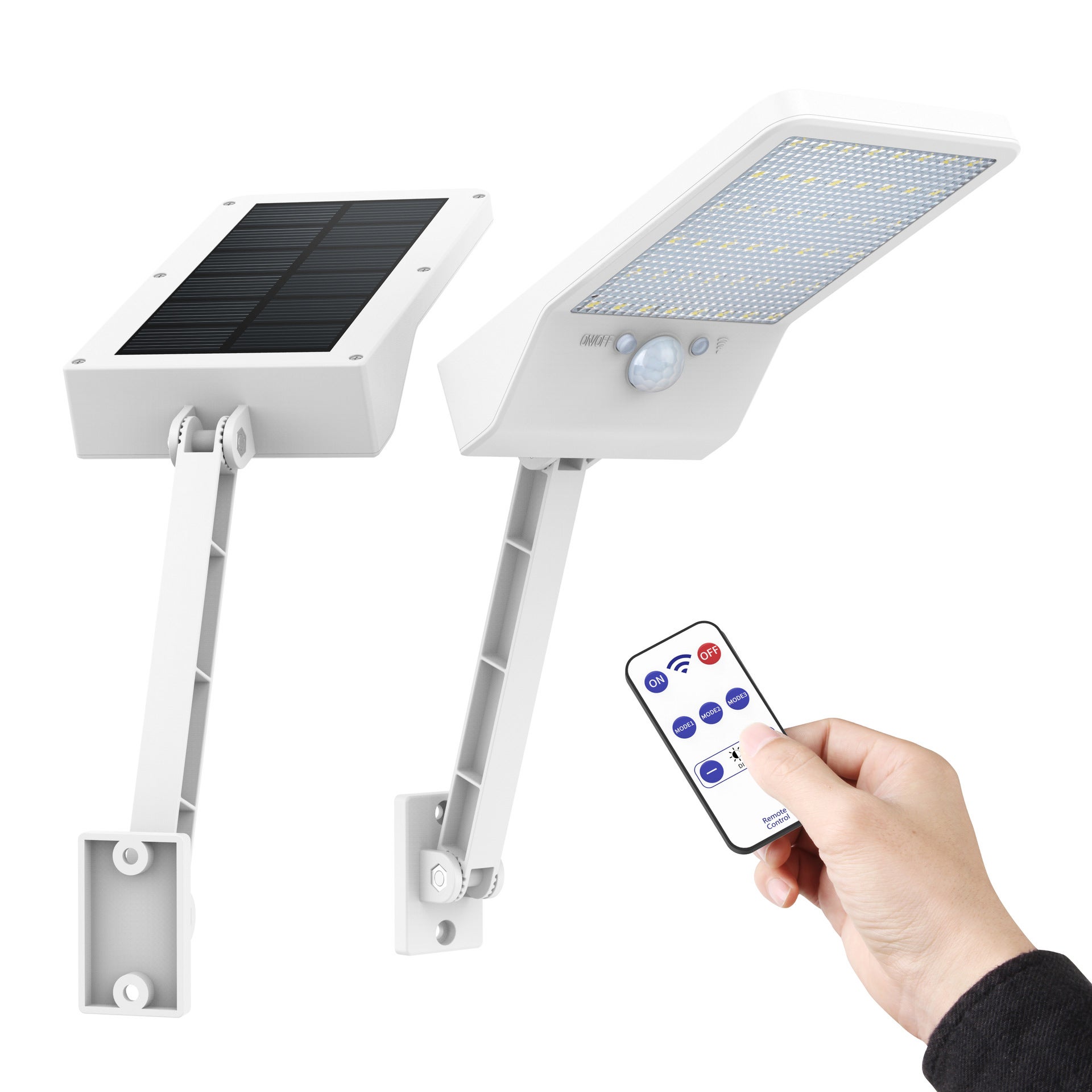 Zestaw 2 lamp solarnych zewnętrznych z pilotem, 48 LED, wodoodporne, czujnik ruchu, wielotrybowe oświetlenie solarne do ogrodzenia