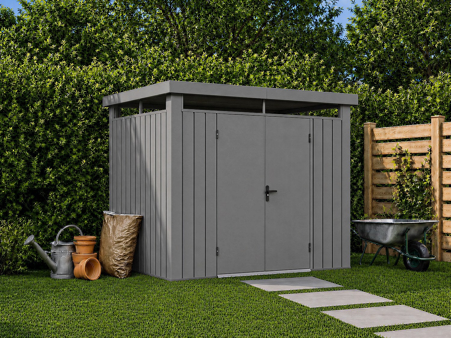 Domek ogrodowy ze stali galwanizowanej z przeszklonymi naświetlami - 6,25 m² - gr. 35 mm - Szary - MERANO