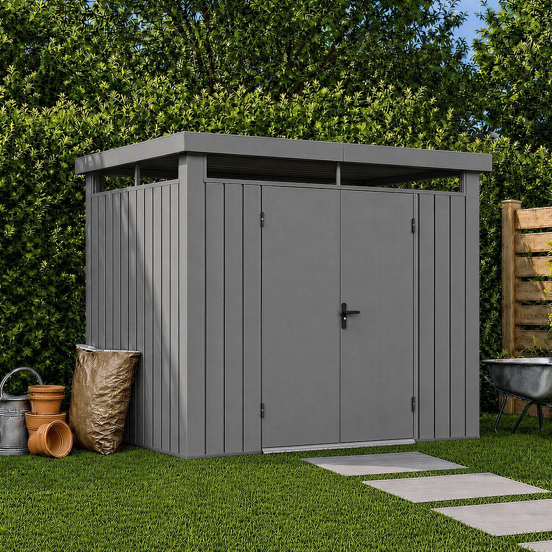 Domek ogrodowy ze stali galwanizowanej z przeszklonymi naświetlami - 6,25 m² - gr. 35 mm - Szary - MERANO