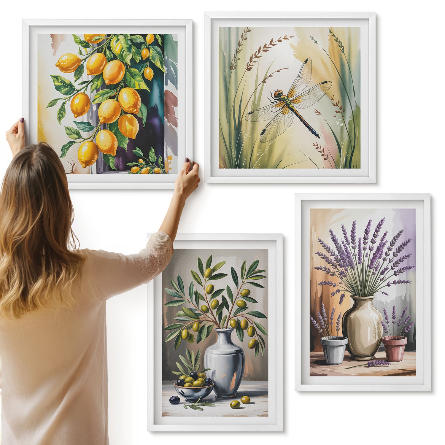 Galeria ścienna 4-częściowy komplet obrazów w białych ramach - Kwiaty i oliwki w wazonach cytryny natura - ArtPrintCave