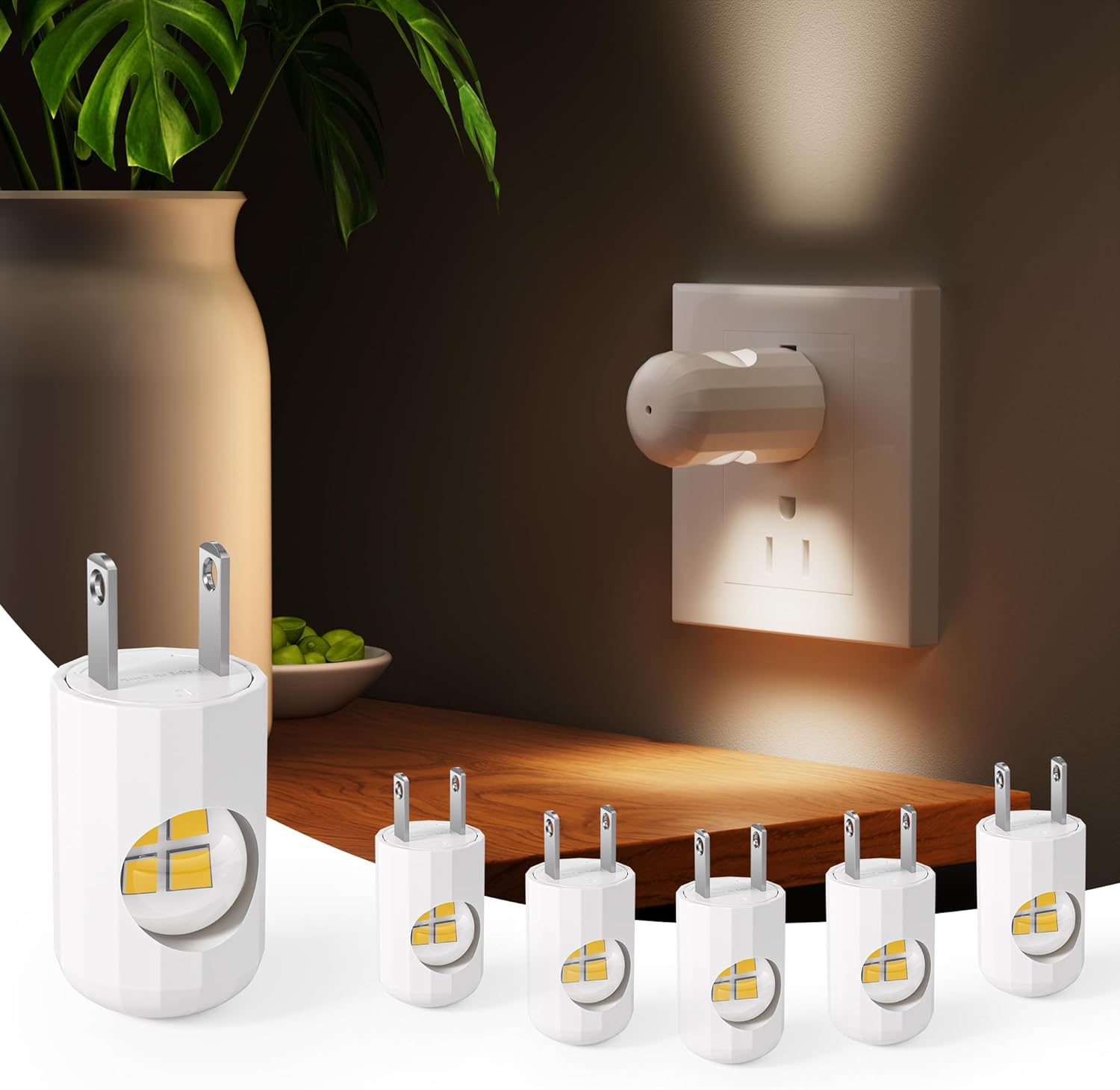 Zestaw 6 mini lampek nocnych LED, typu wtykowego, które włączają się automatycznie od zmierzchu do świtu.