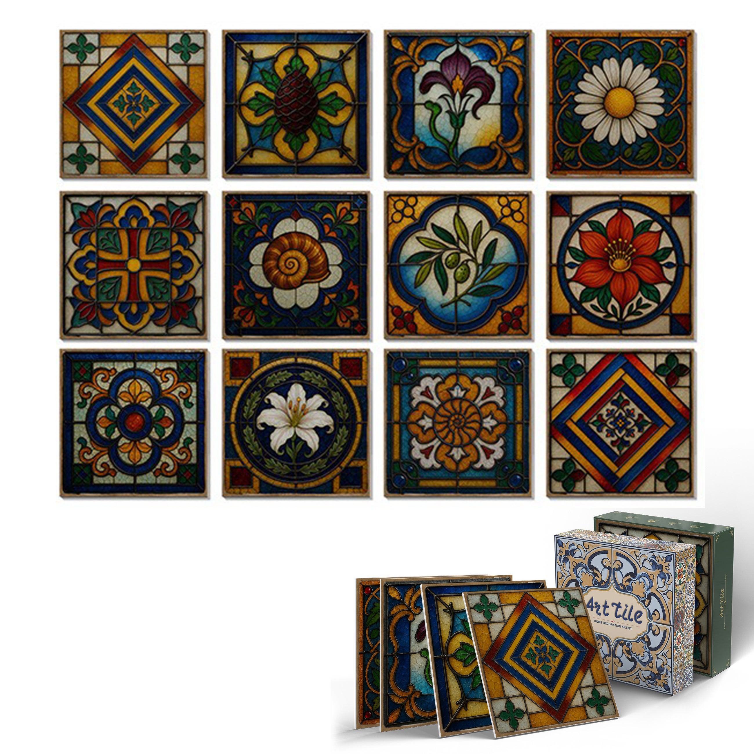 12 sztuk naklejek na płytki ścienne 15×15 cm – Styl retro Morza Śródziemnego i barokowy, wodoodporne naklejki z słońcem i księżycem(E)