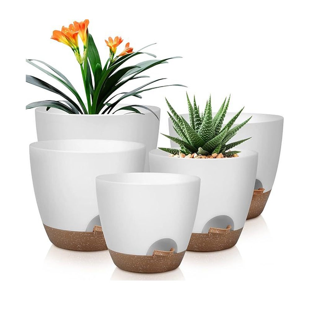 Zestaw 5 plastikowych doniczek o wymiarach 18/16,5/15,2/14/12,7 cm z automatycznym systemem nawadniania i podstawką, odpowiednich do ogrodów