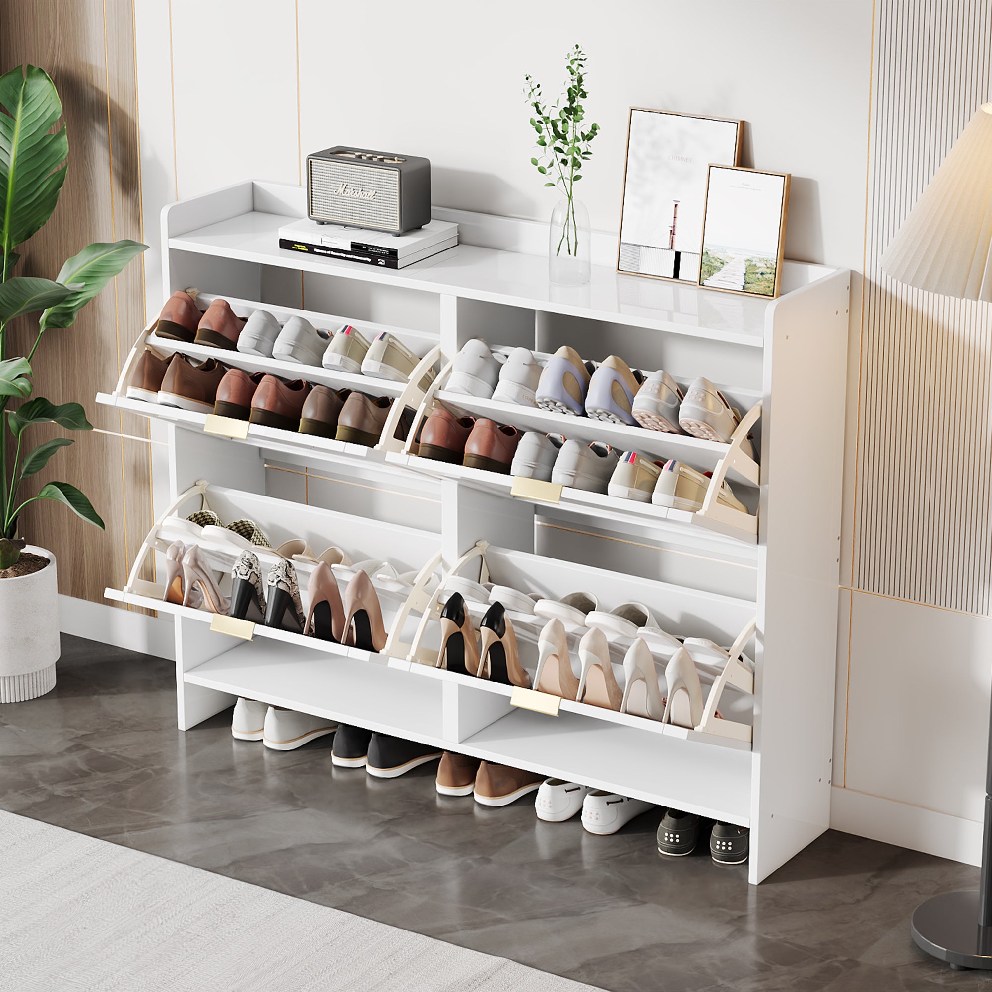 Szafka na buty z 4 drzwiami opuszczanymi - 110 x 24 x 90 cm - Płyta wiórowa - Kolor biały