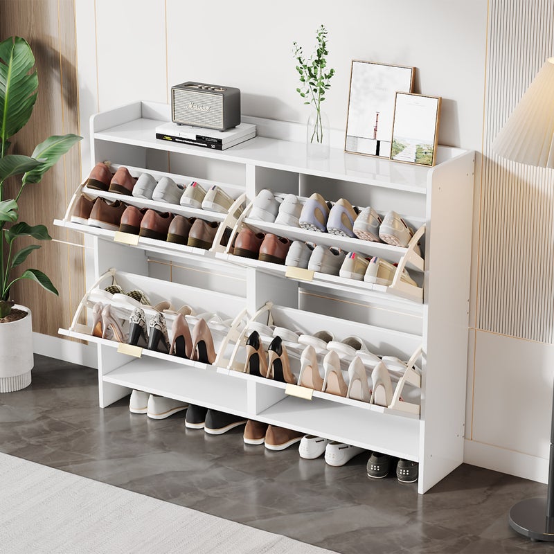 Szafka na buty z 4 drzwiami opuszczanymi - 110 x 24 x 90 cm - Płyta wiórowa - Kolor biały