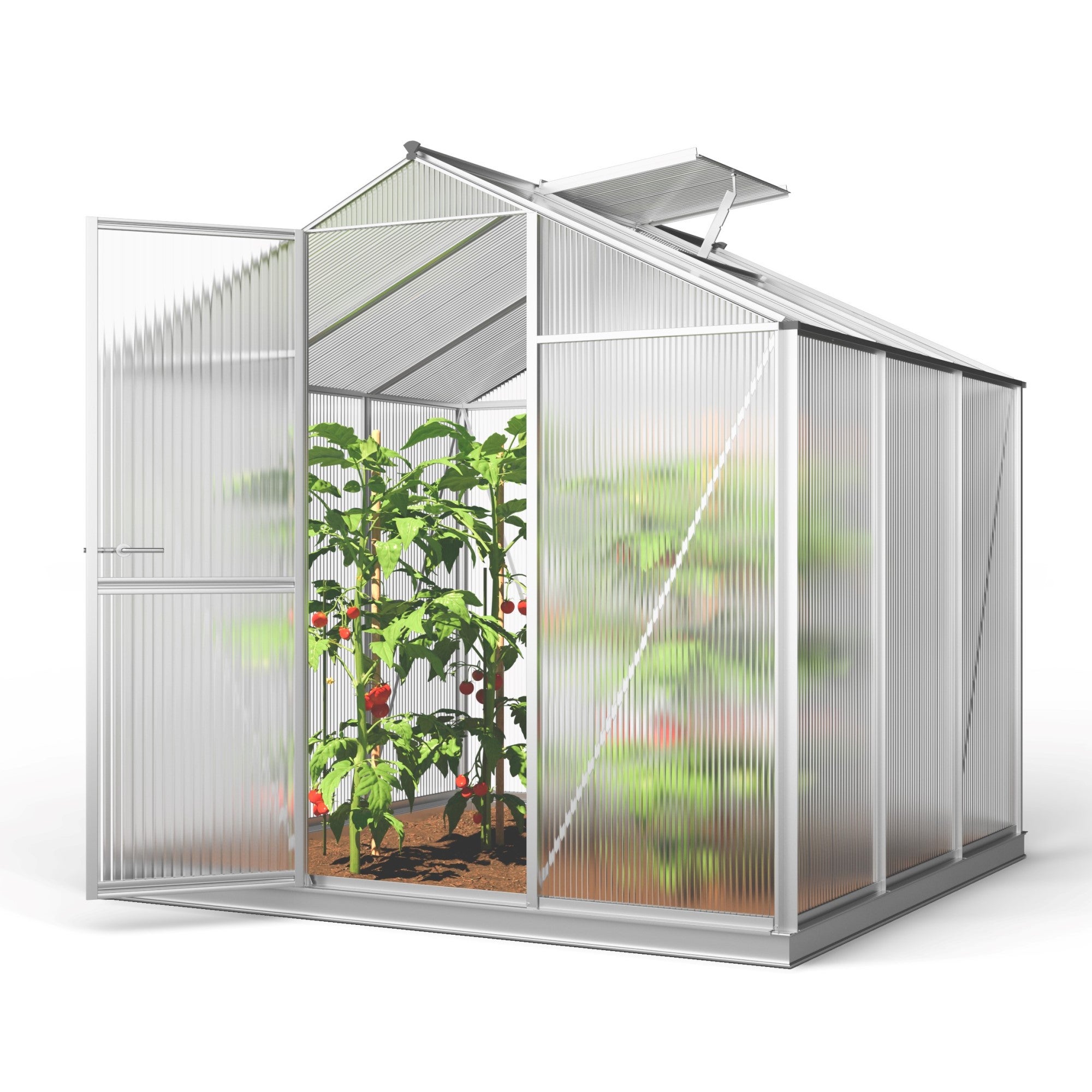 GFP szklarnia ECO 3 rama aluminiowa 192x192 cm - płytami poliwęglanowymi o grubości 8 mm - z ramą fundamentową i aut. mechanizm otwierania okien