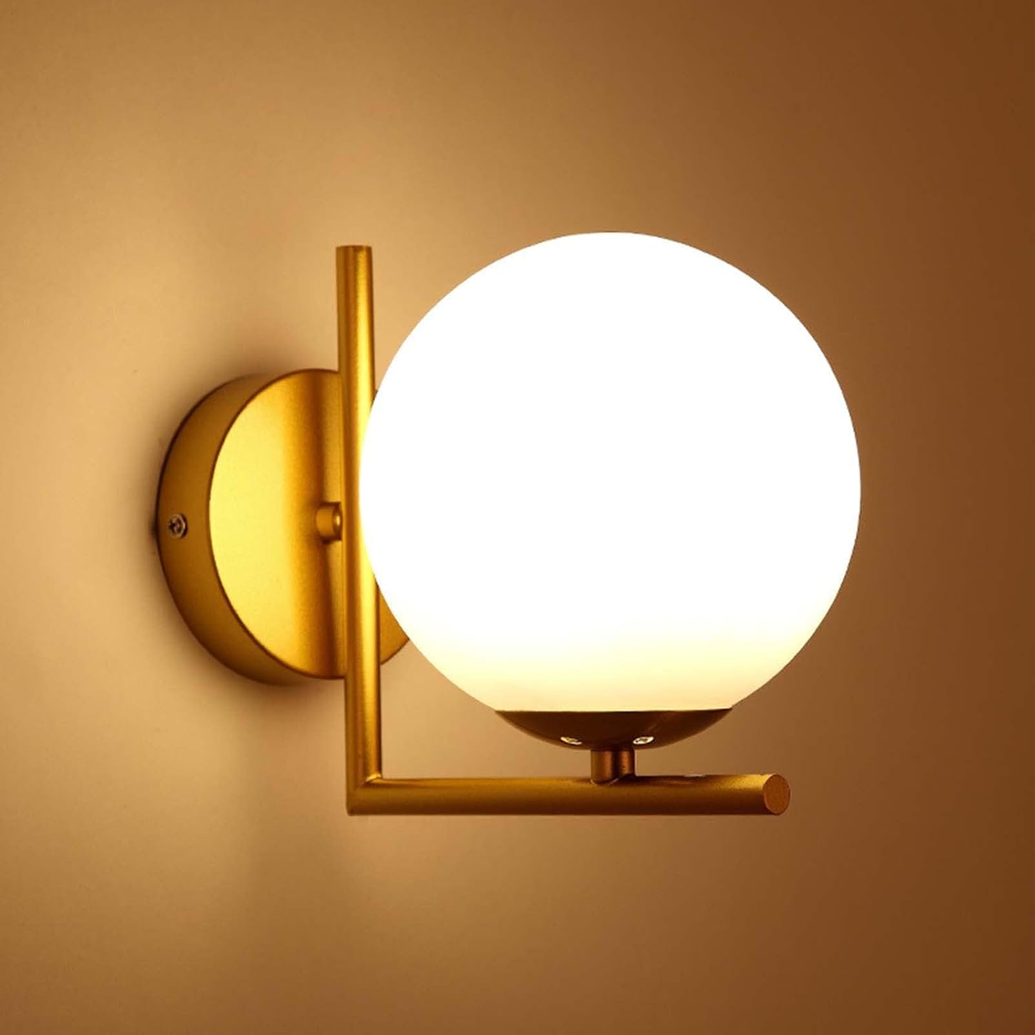 Minimalistyczna, kulista lampa ścienna - z kloszem szklanym - W zestawie żarówka LED trójkolorowa - Nadaje się do salonu i sypialni - Złota